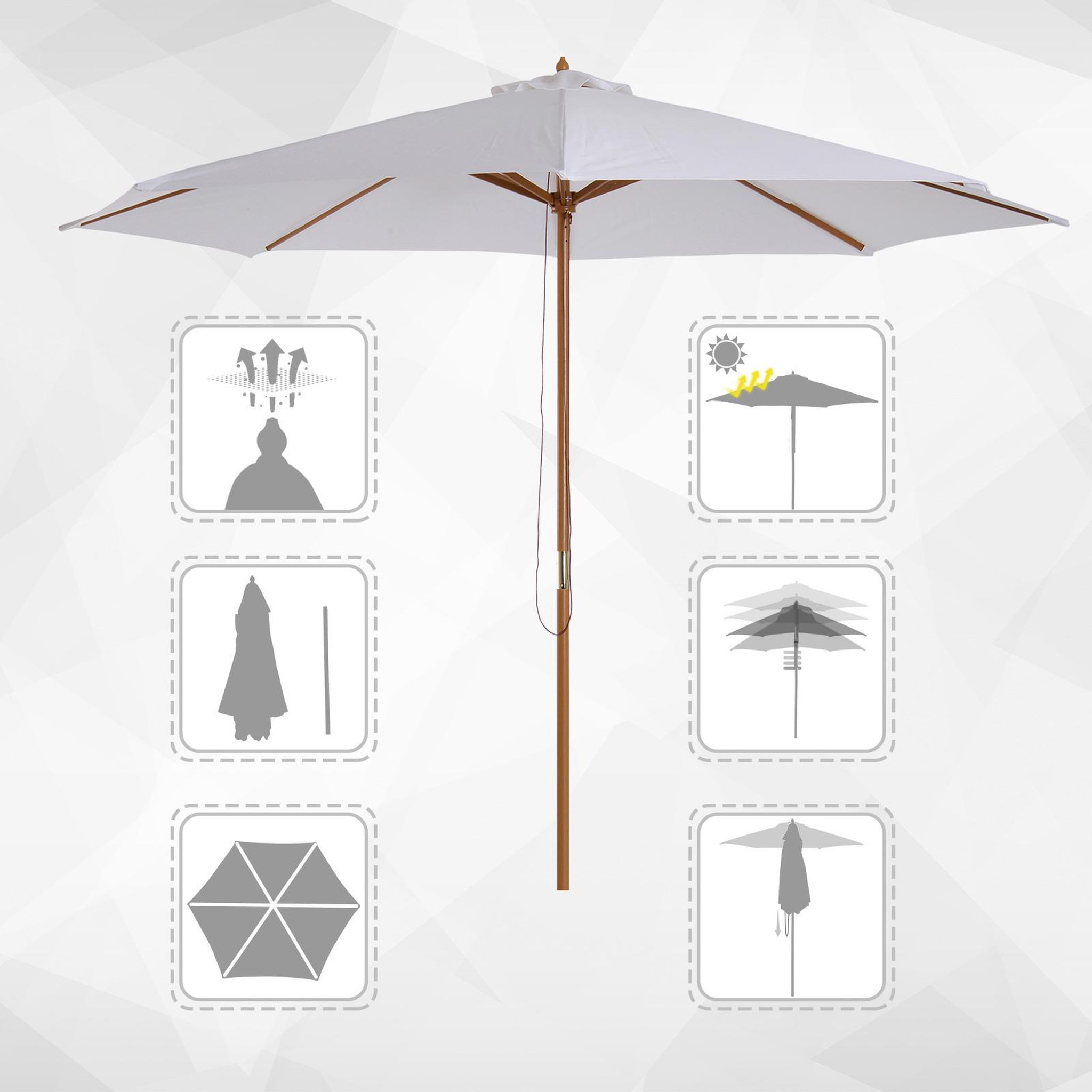 Voir la diapositive 5 : HOMCOM Parasol droit en bois polyester haute densité protection solaire Ø 3 x 2,5 m crème