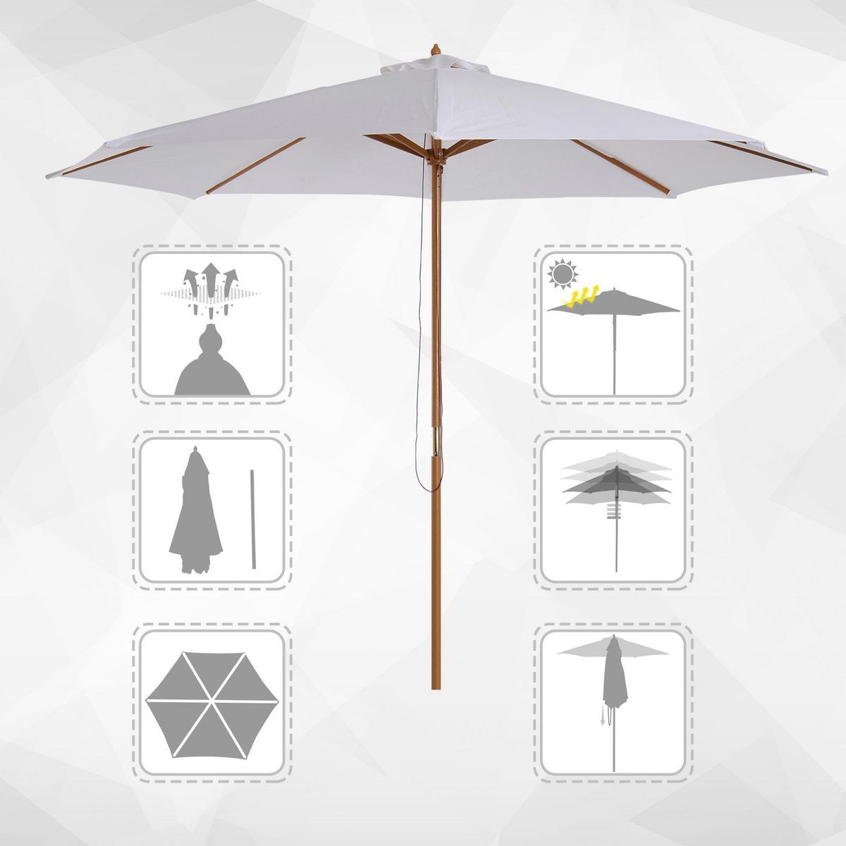 HOMCOM Parasol droit en bois polyester haute densité protection solaire Ø 3 x 2,5 m crème