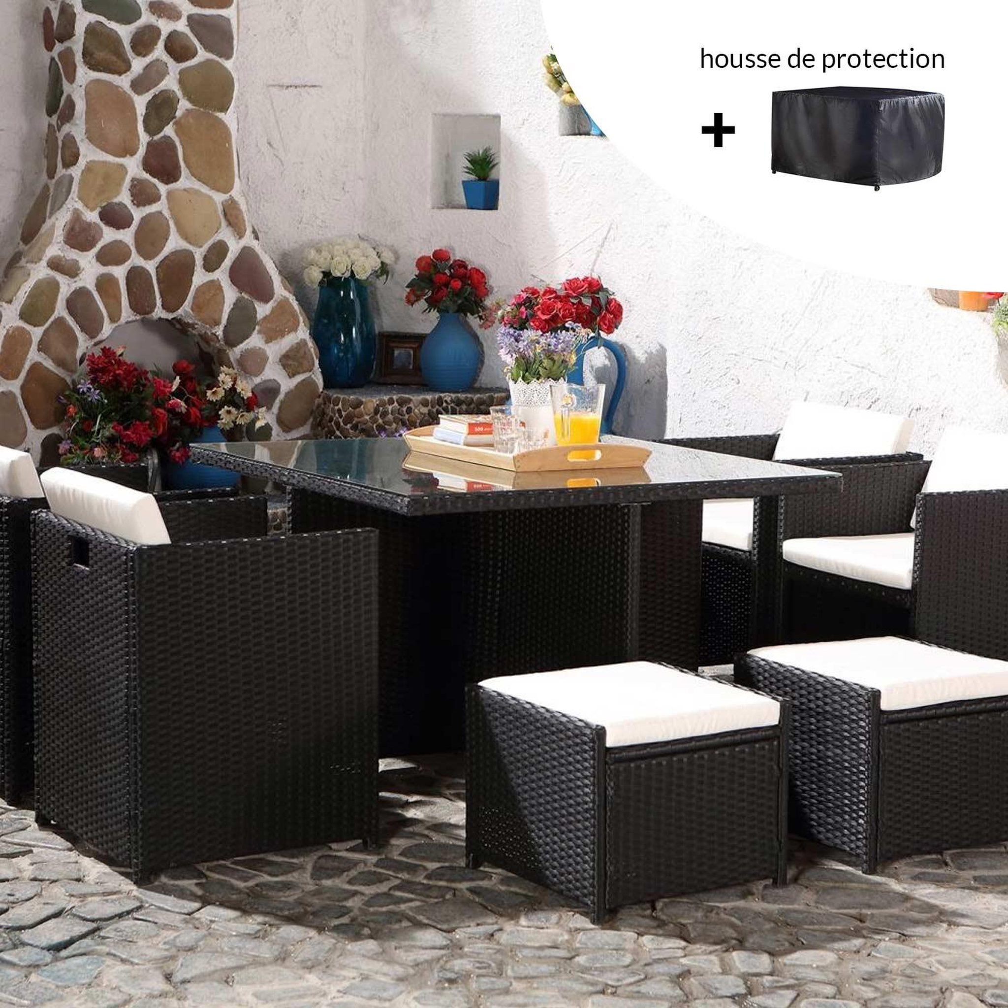 CONCEPT USINE Salon de jardin 8 places noir-blanc + housse de protection miami