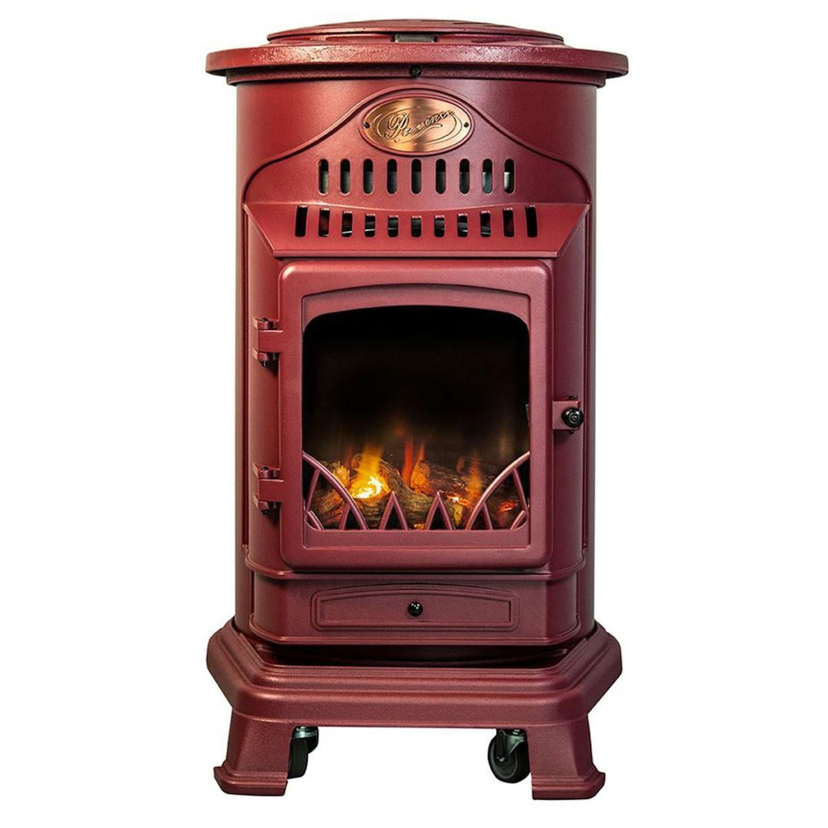 UNIVERSAL Poele à gaz 3,4 KW Rouge Effet poêle à bois Fonte véritable + Tuyau gaz + détendeur butane Provence UNIVERSAL
