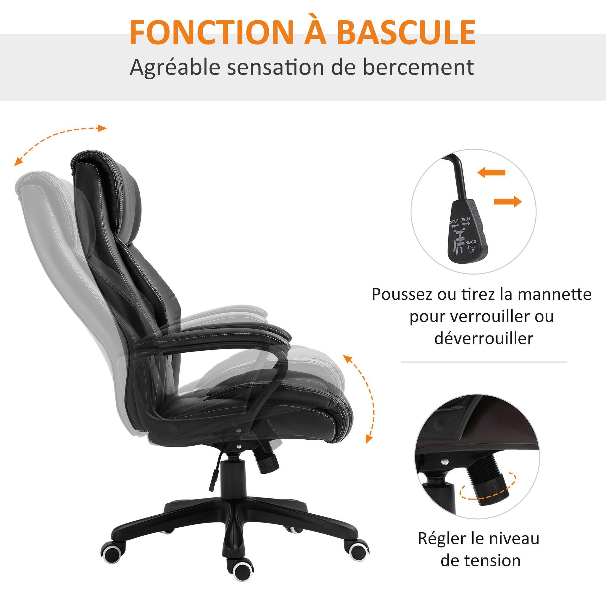 Voir la diapositive 6 : VINSETTO Fauteuil de bureau direction massant grand confort hauteur réglable fonction dossier à bascule revêtement synthétique noir