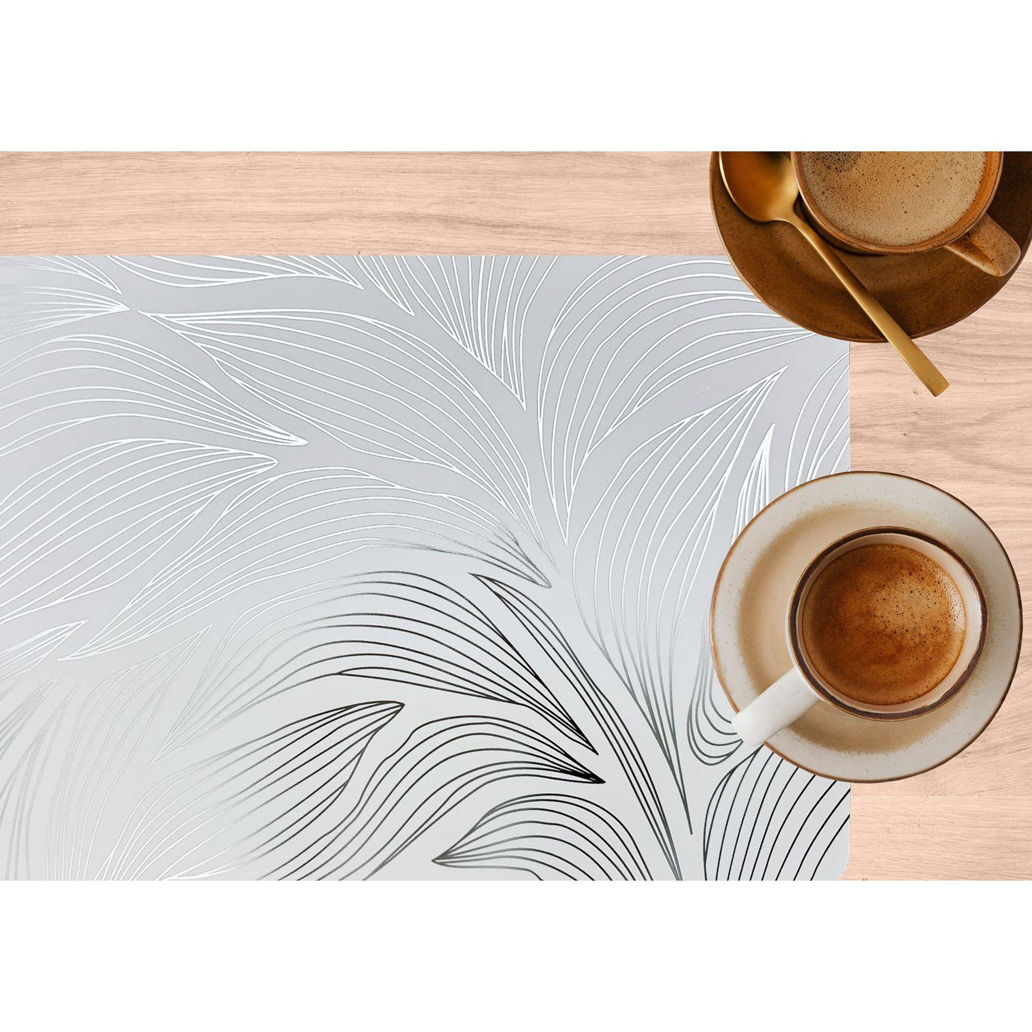 Voir la diapositive 2 : TOILINUX Lot de 6 sets de table motif feuillage avec encre métallique eden - 30 x 45 cm - argent et blanc