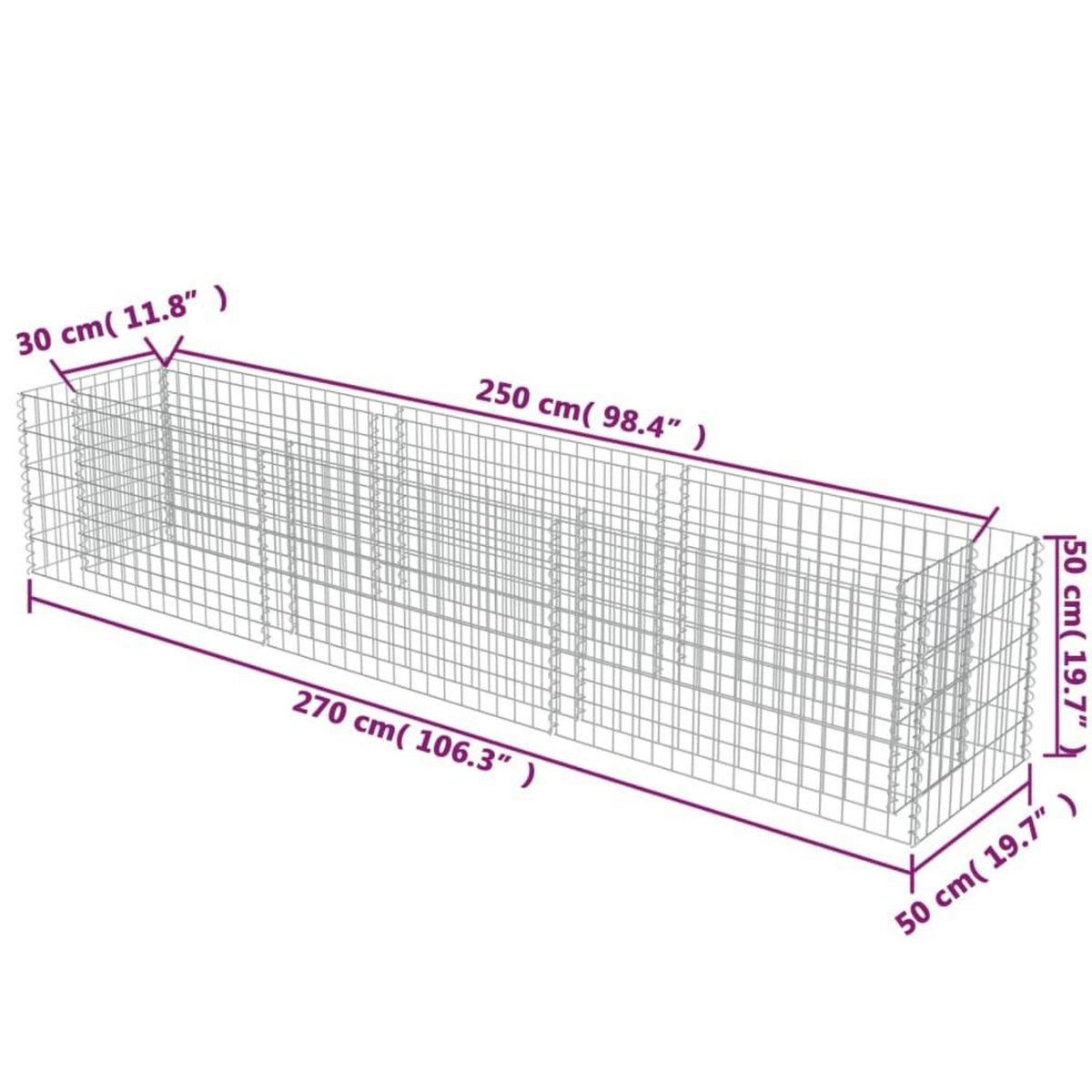 VIDAXL Lit sureleve a gabion Acier galvanise 270x50x50 cm