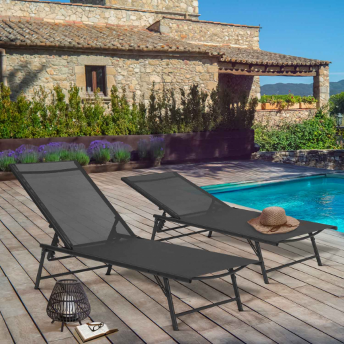 ID MARKET Lot de 2 transats de jardin inclinables KAILUA en acier gris anthracite et toile grise