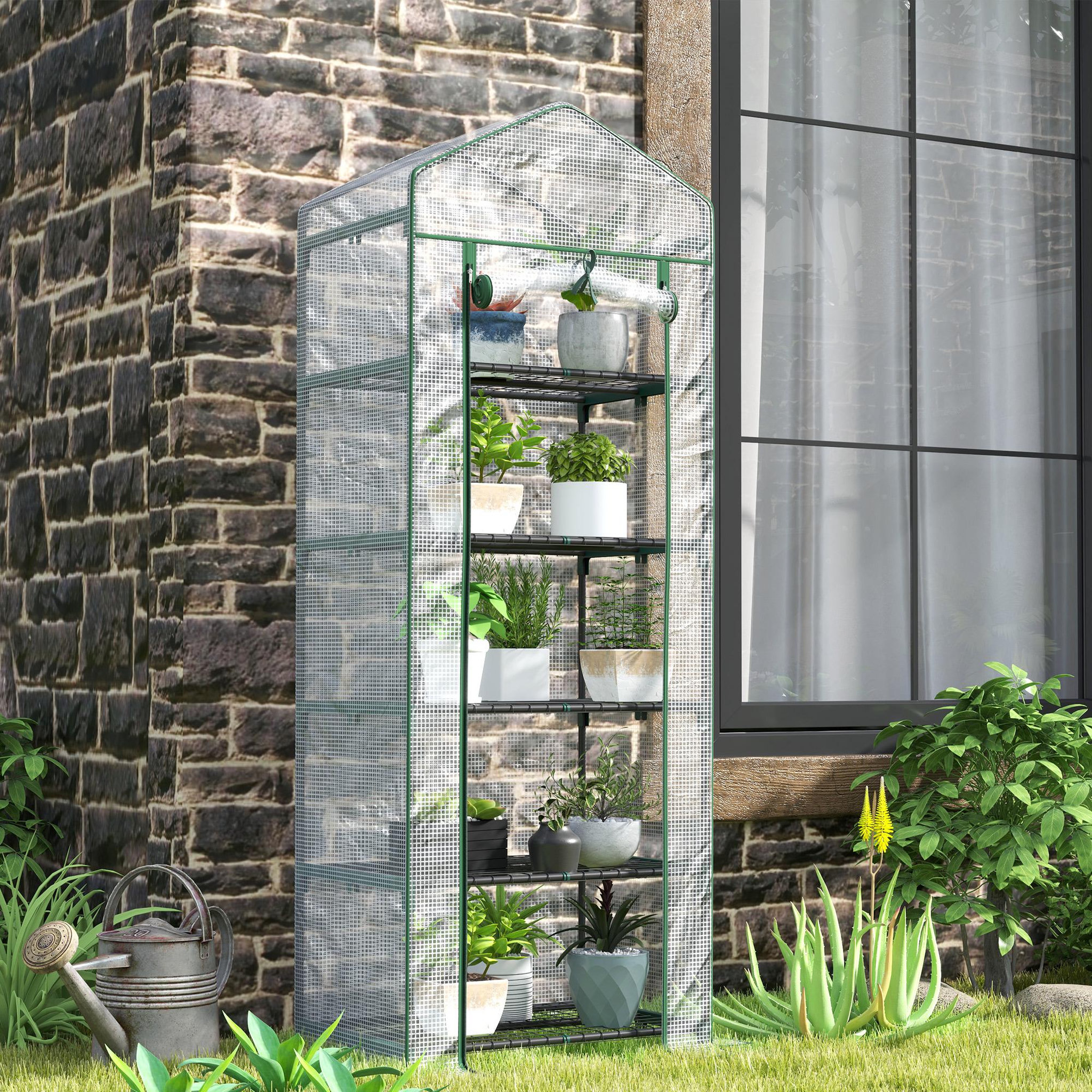 Voir la diapositive 2 : OUTSUNNY Serre de jardin balcon 5 étagères porte zippée 69 x 49 x 193 cm acier thermolaqué bâche pe blanc
