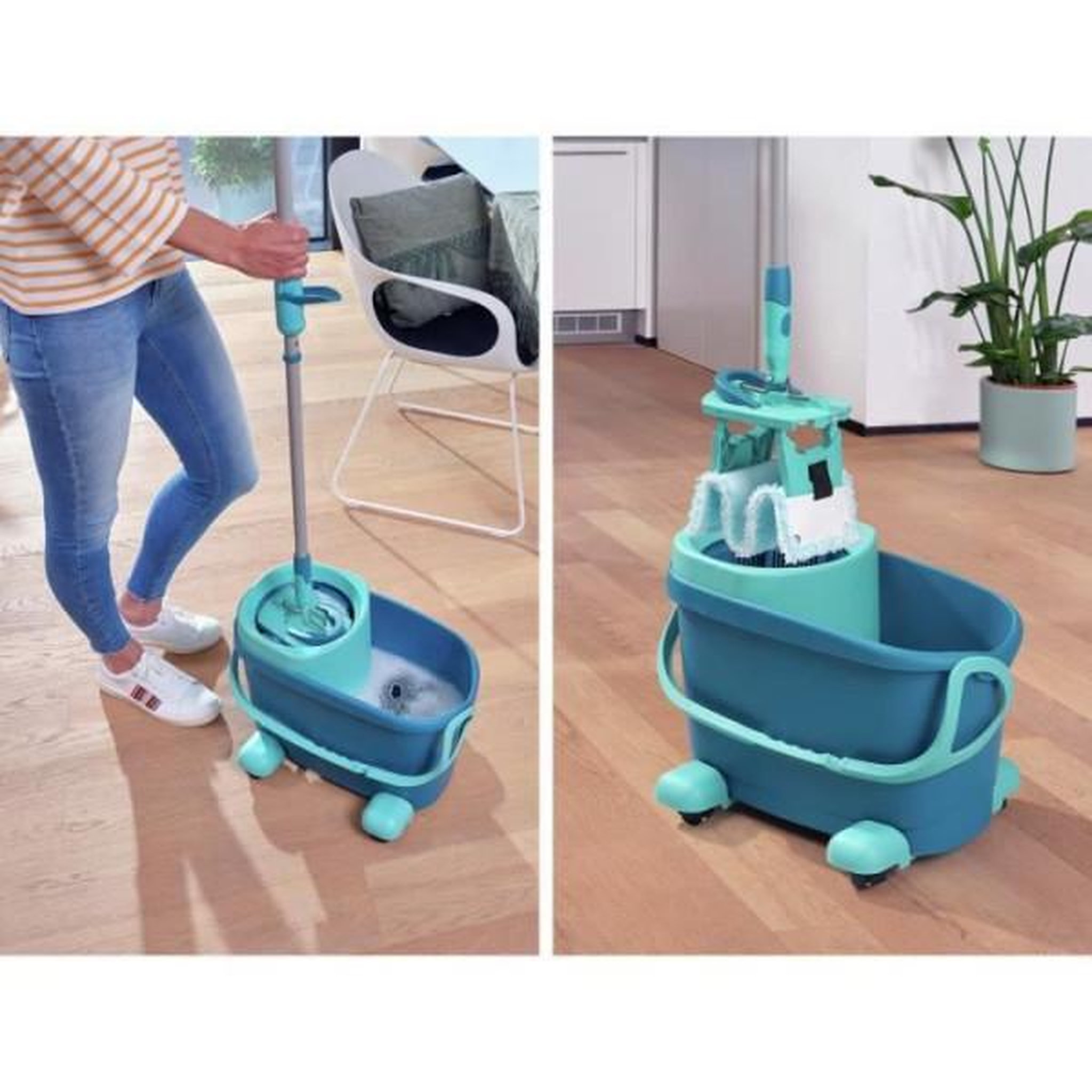 Voir la diapositive 3 : LEIFHEIT Set lave sol avec seau essoreur a roulettes leifheit clean twist ergo 52121, balai serpilliere a plat, manche télescopique 110-
