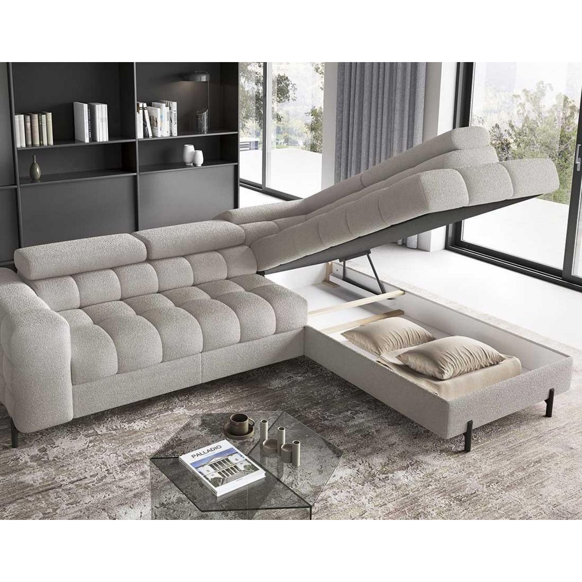 BEST MOBILIER Elisa - canapé d'angle droit 5 places convertible avec coffre et têtières réglables en tissu bouclette