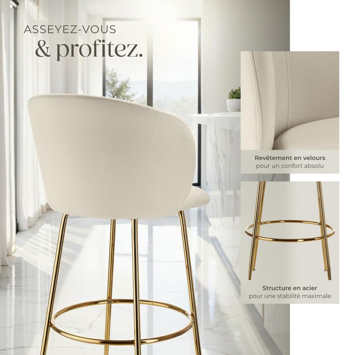 tectake Chaise de bar en velours rembourré crème/or Ensemble de 2 pièces