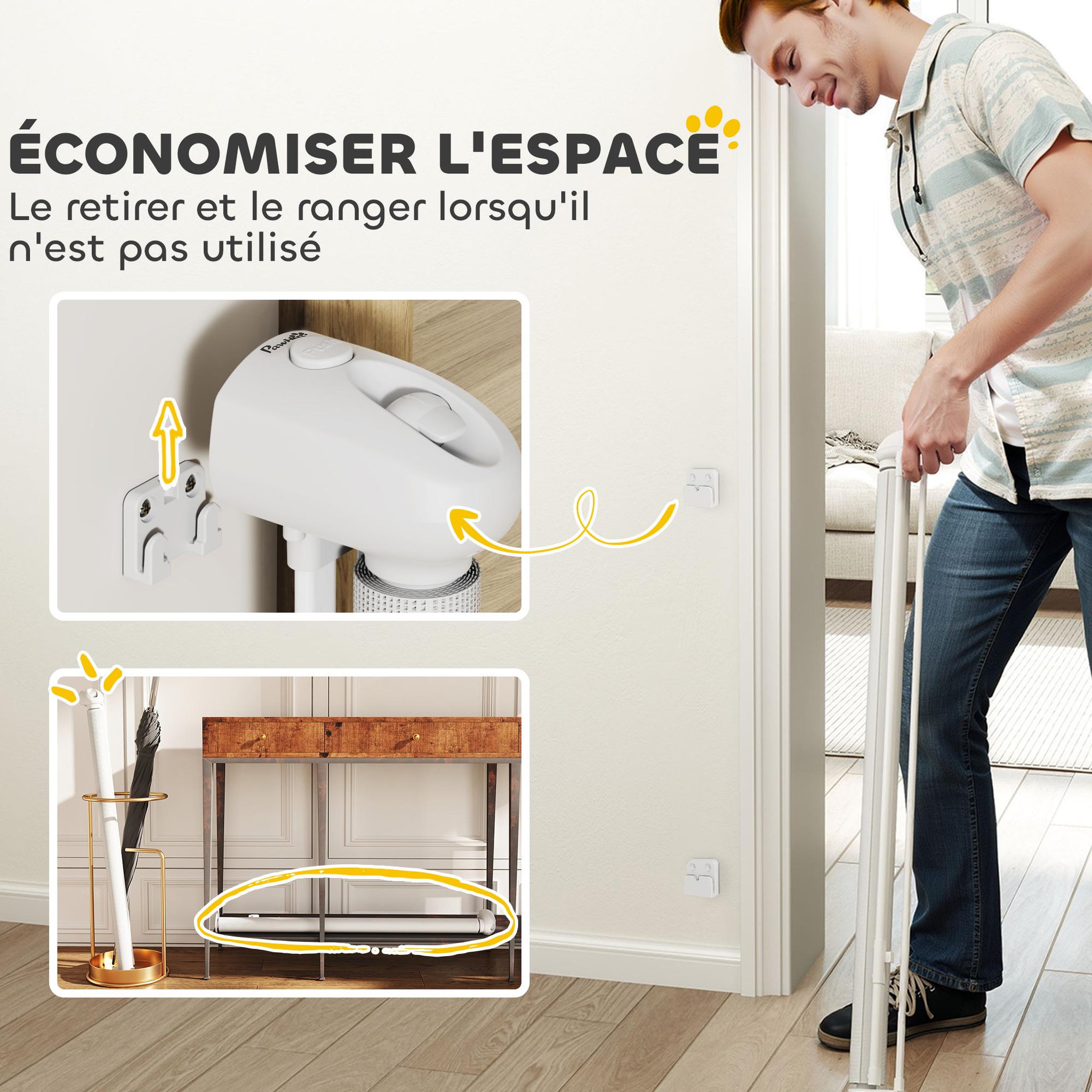 Voir la diapositive 4 : PAWHUT Barrière de sécurité chien rétractable 0-144 cm h.87 cm verrouillage auto alu pvc blanc
