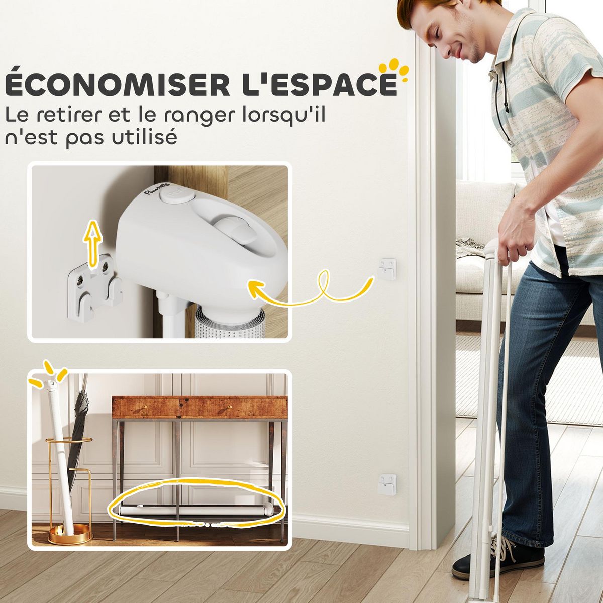 PAWHUT Barrière de sécurité chien rétractable 0-144 cm H.87 cm verrouillage auto alu PVC blanc