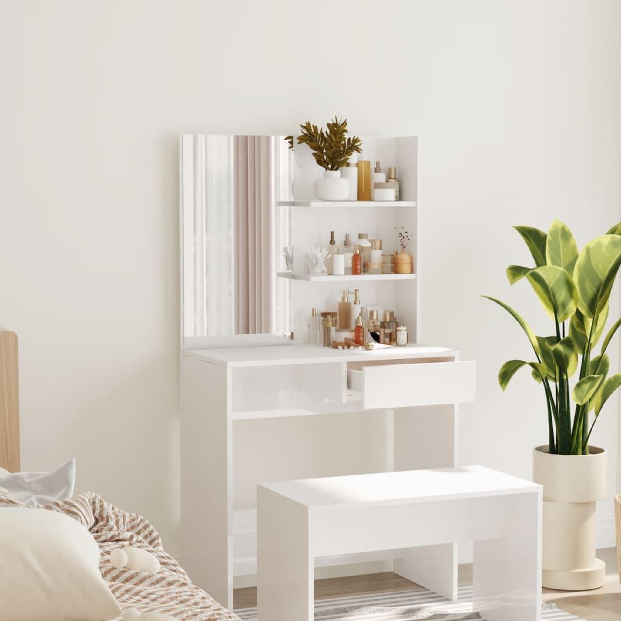 VIDAXL Coiffeuse avec miroir Blanc brillant 74,5x40x141 cm