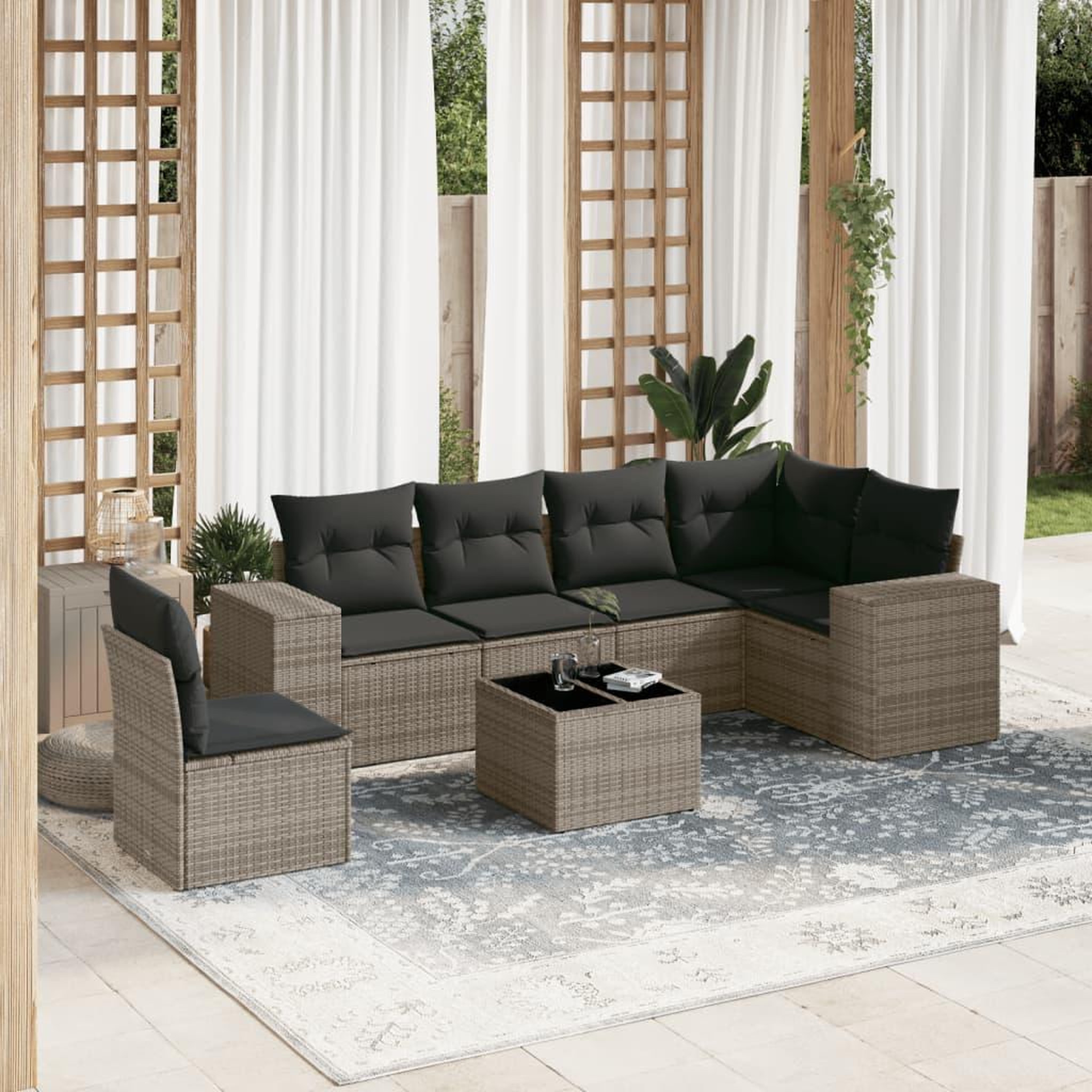 VIDAXL Salon de jardin avec coussins 7 pcs gris resine tressee