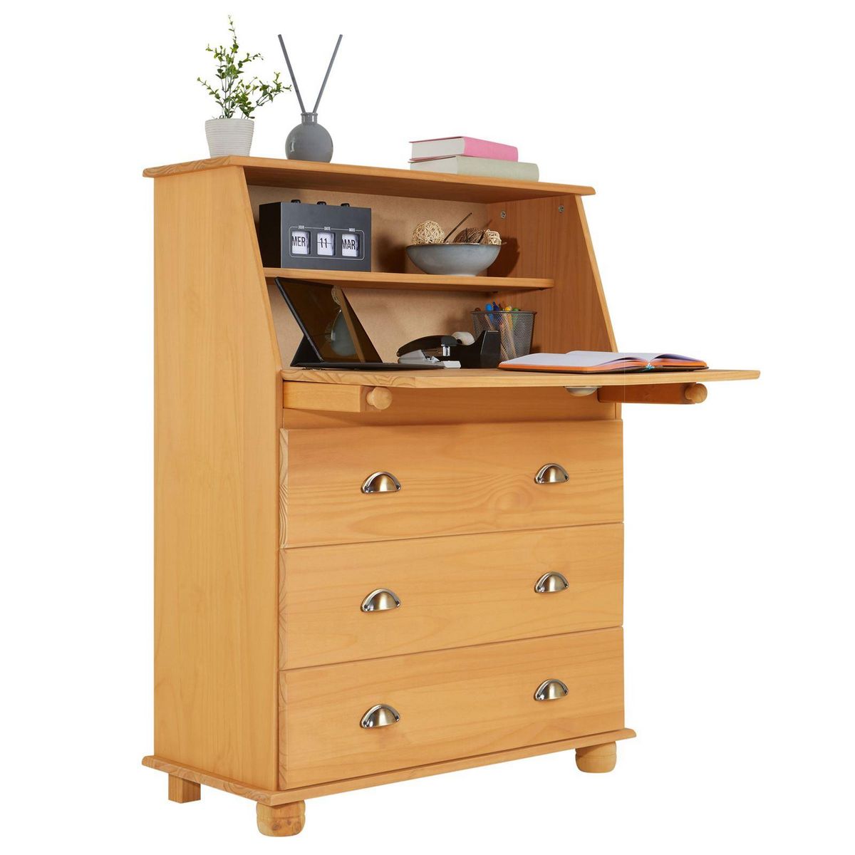 IDIMEX Bureau secrétaire GOMES avec 3 tiroirs en pin massif