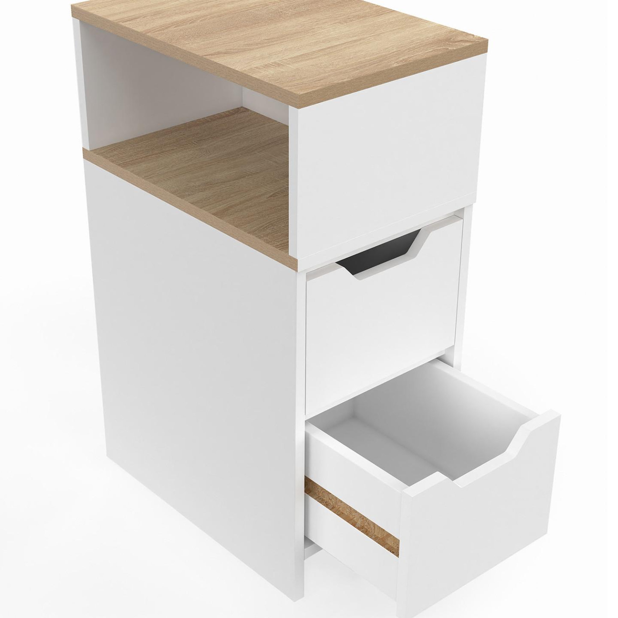 Voir la diapositive 5 : ID MARKET Lot de 2 tables de chevet étroites anouk 2 tiroirs avec niche latérale réversible blanc et bois