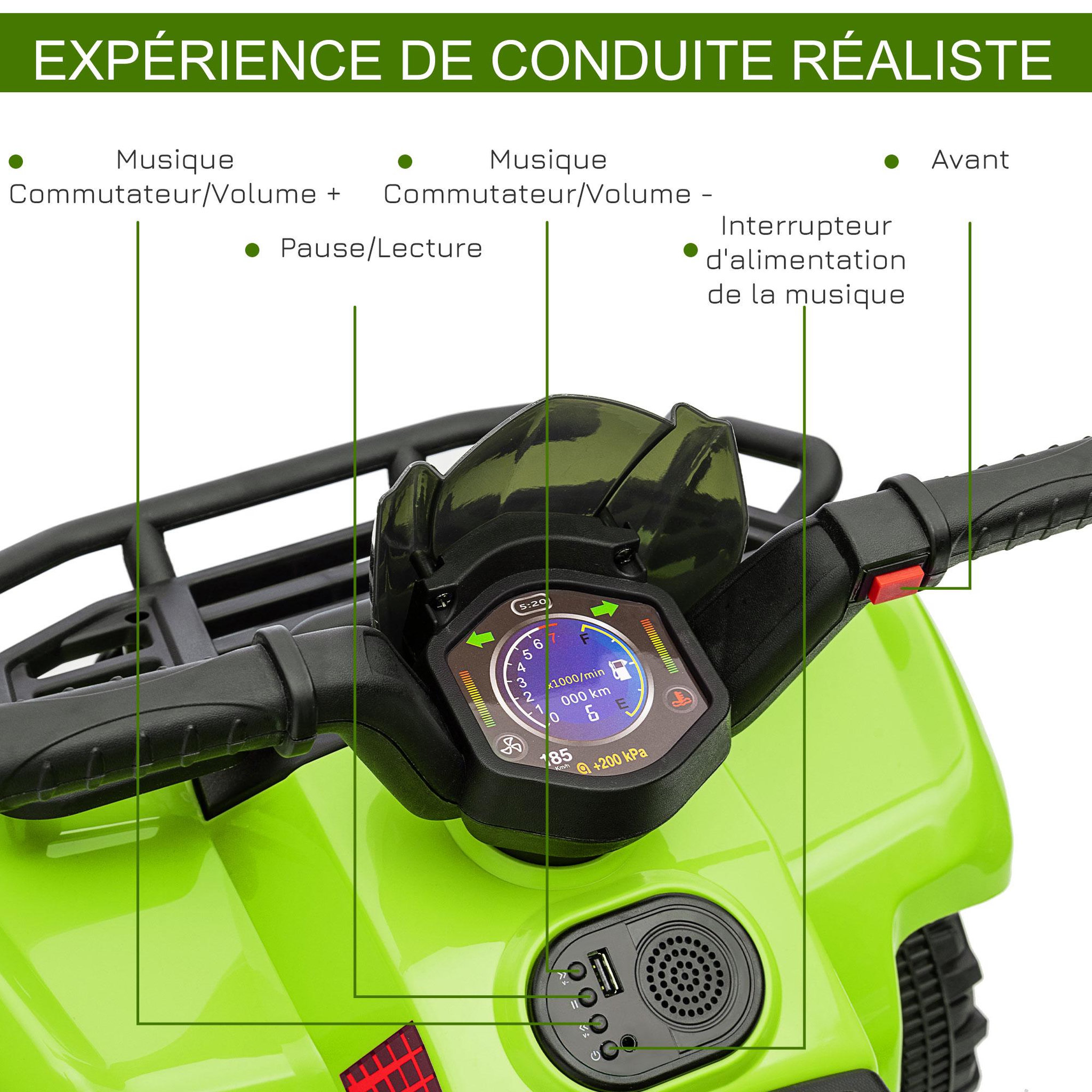 Voir la diapositive 6 : HOMCOM Buggy électrique enfant quad électrique pour enfant de 18 à 36 mois effet lumineux 6 V 2 Km/h max. métal PP vert