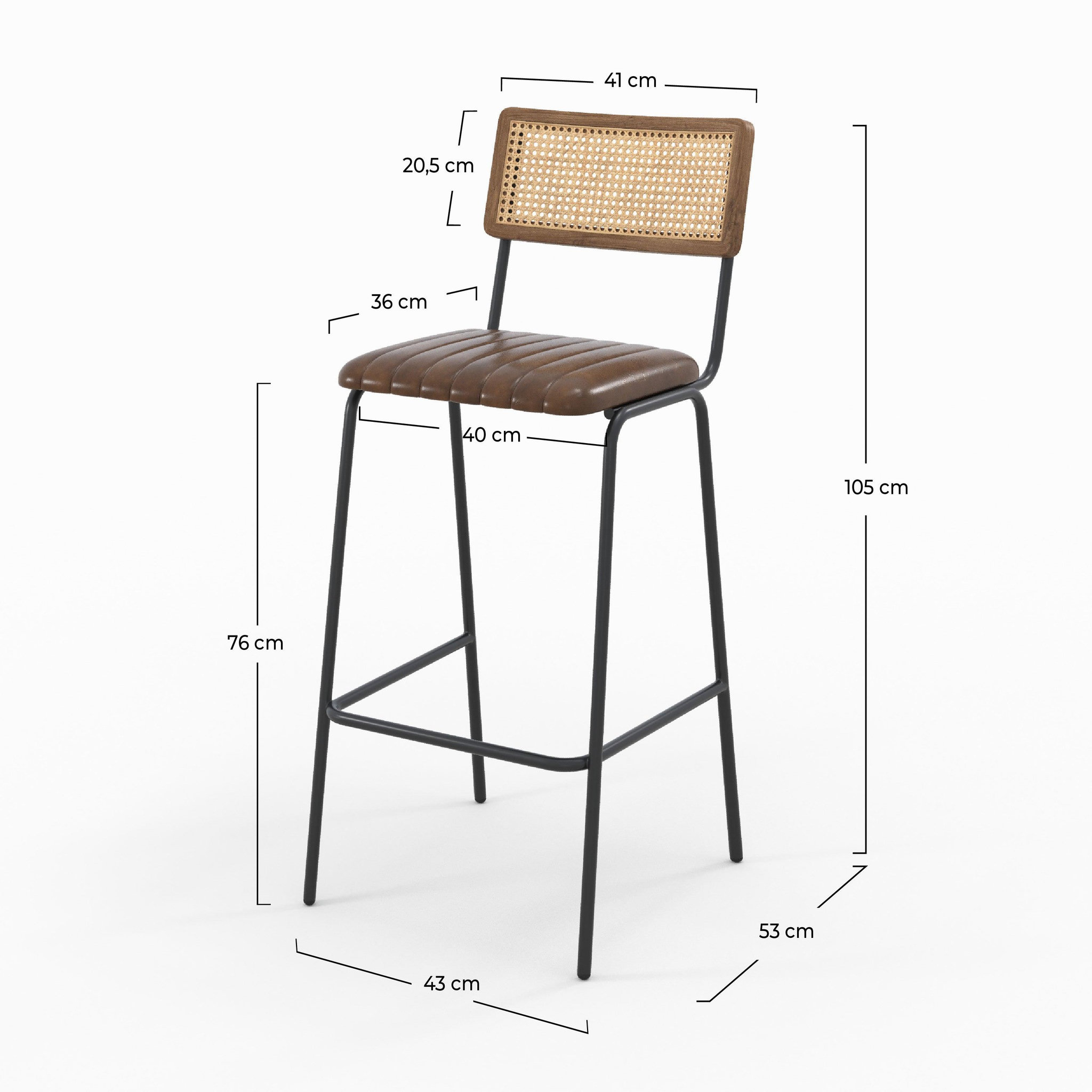 Voir la diapositive 4 : MAISON PAVANE Lot de 2 chaises de bar 76 cm en cannage et cuir marron-arsène
