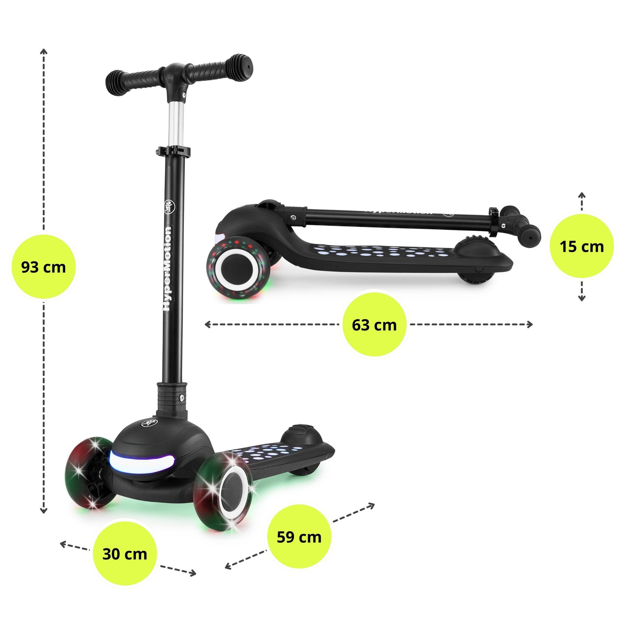 Voir la diapositive 4 : HYPERMOTION Trottinette Enfant 3-en-1 - LED - 50 kg- Siège Réglable- Pliable- Roues PU- Guidon T-Bar