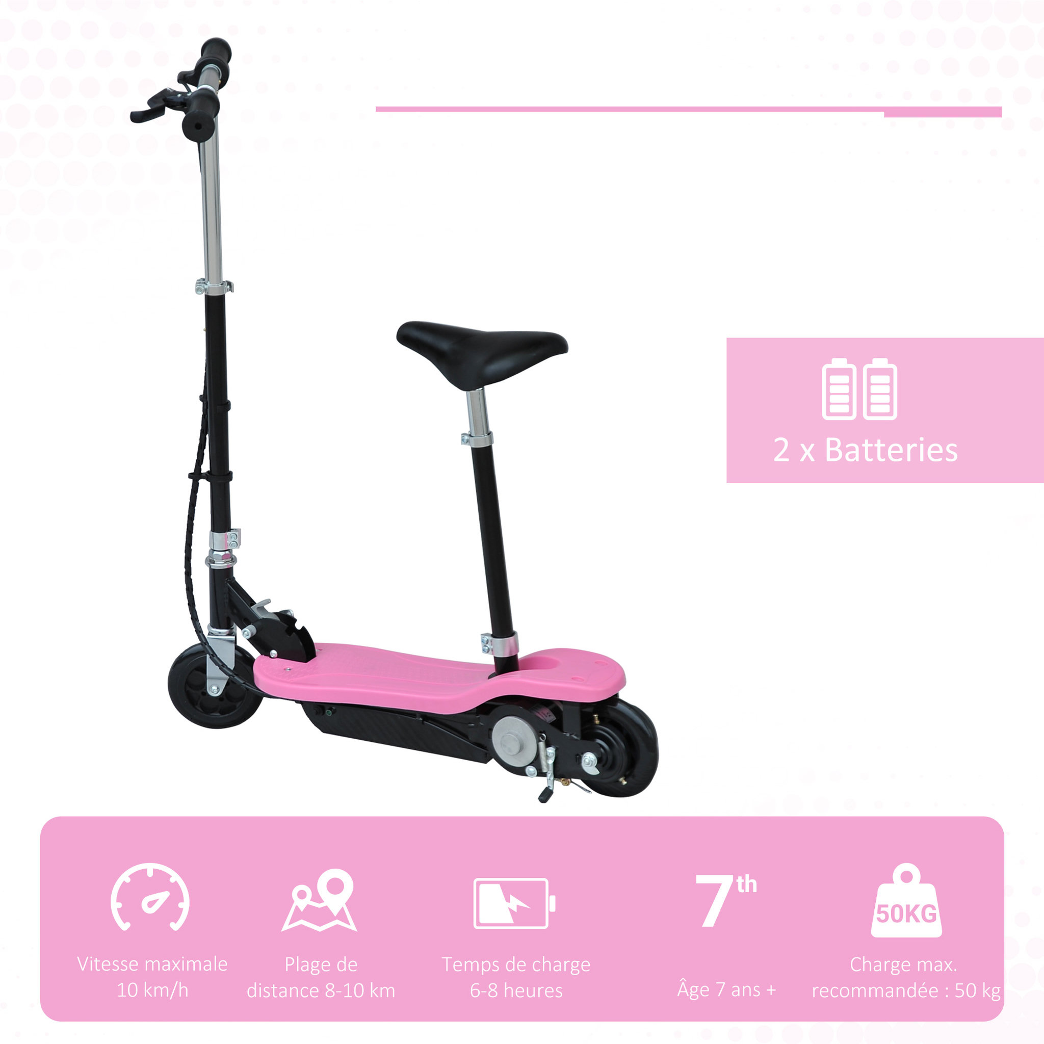 Voir la diapositive 4 : HOMCOM Trottinette électrique 120 W pliable pour enfants à partir de 7 ans hauteur de guidon et selle réglable 10 Km/h max. rose noir
