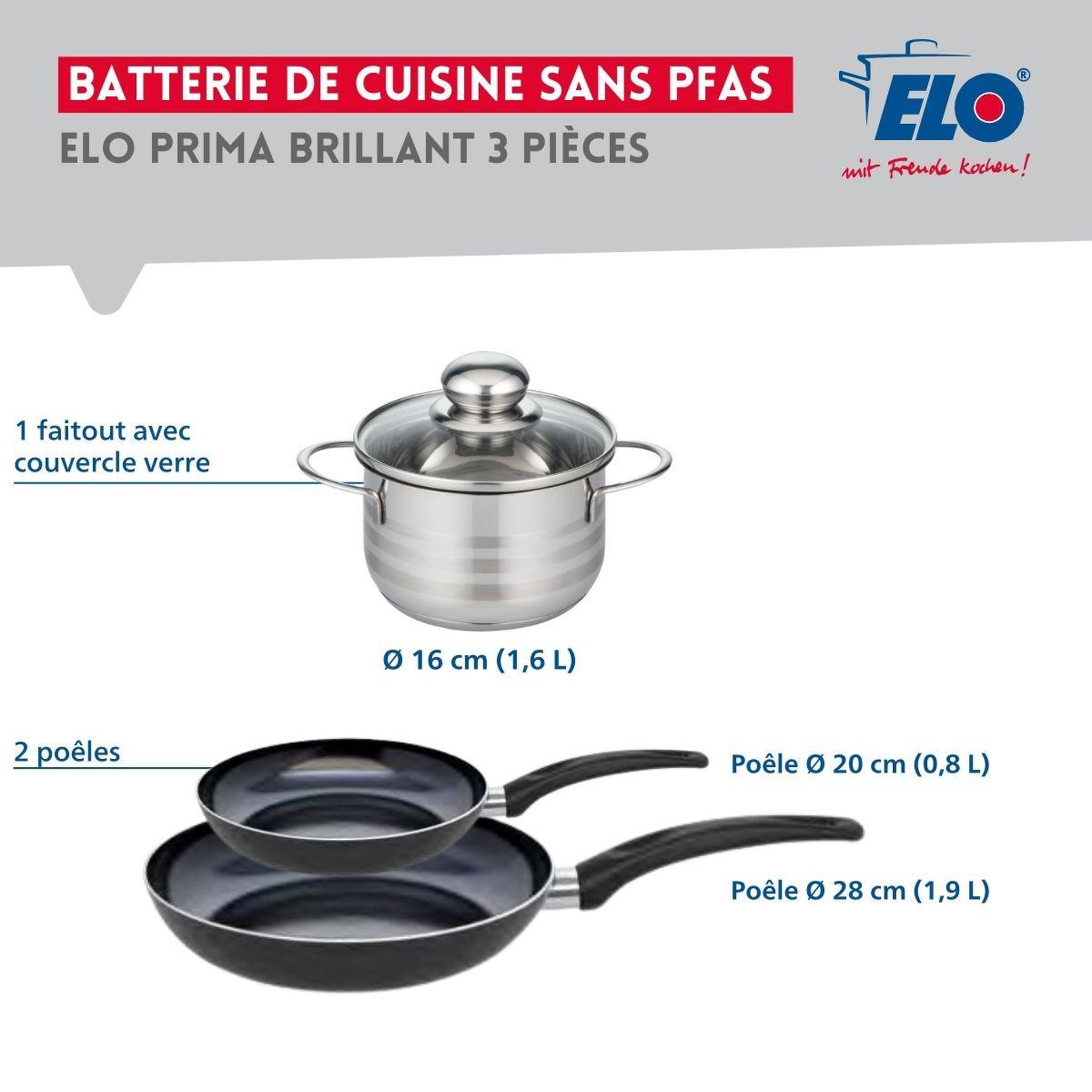 Voir la diapositive 2 : ELO Ensemble de 2 poêles de cuisson 20 et 28 cm et 1 faitout 16 cm elo prima brillant