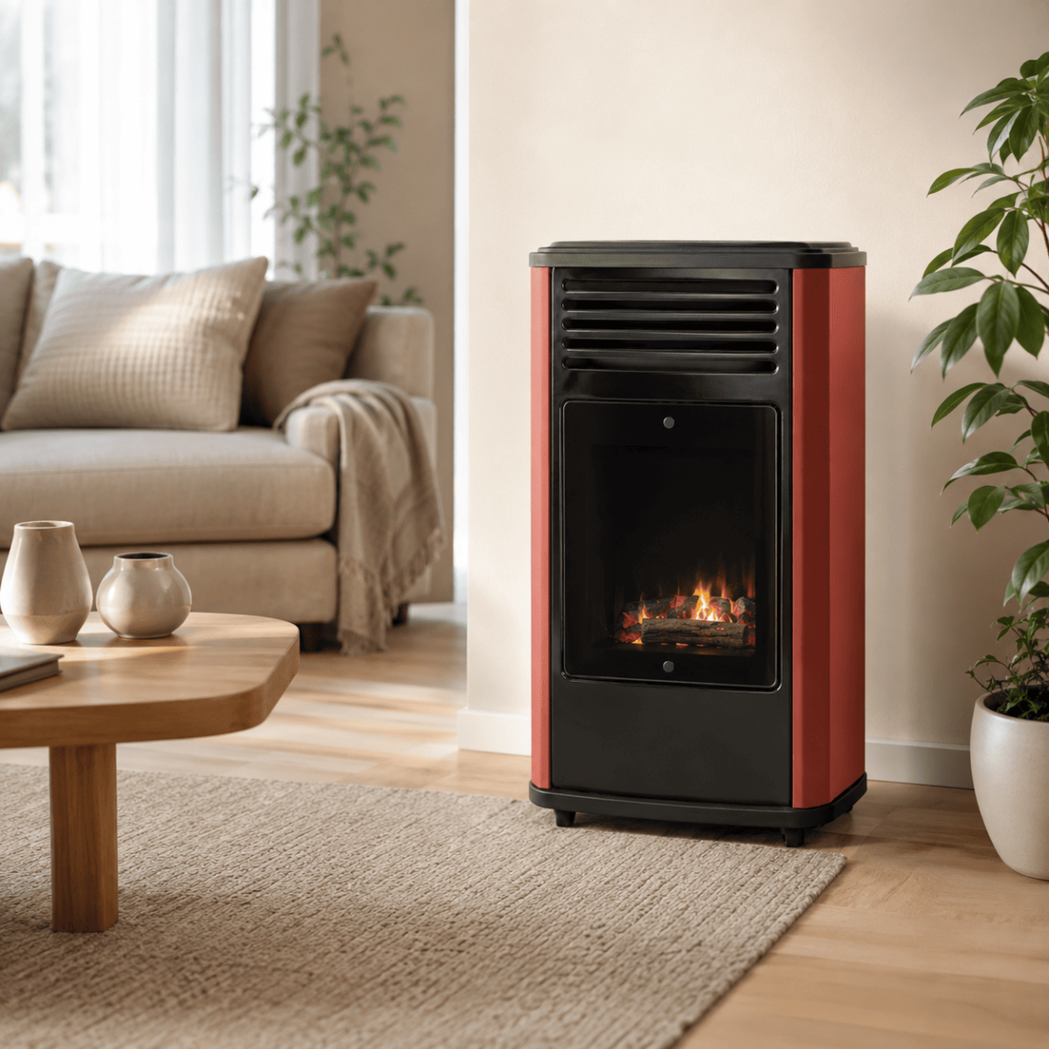 Voir la diapositive 2 : SAHARA Poêle à gaz 3,4KW Rouge - Chauffage d'appoint effet Feu de bois Manhattan Sahara