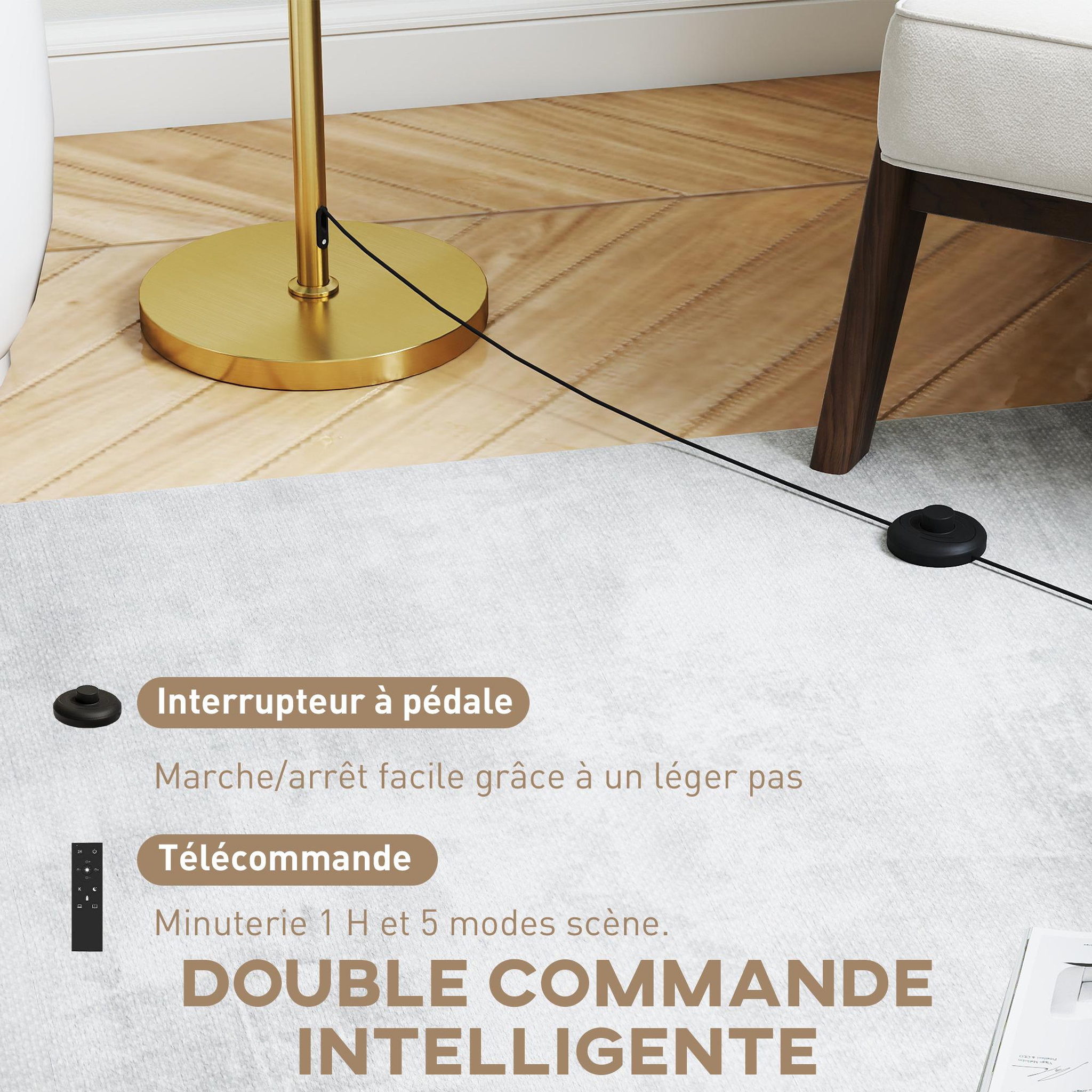 Voir la diapositive 6 : HOMCOM Lampadaire style néo-rétro métal doré abat jour lin beige h.133-168 cm réglable avec télécommande