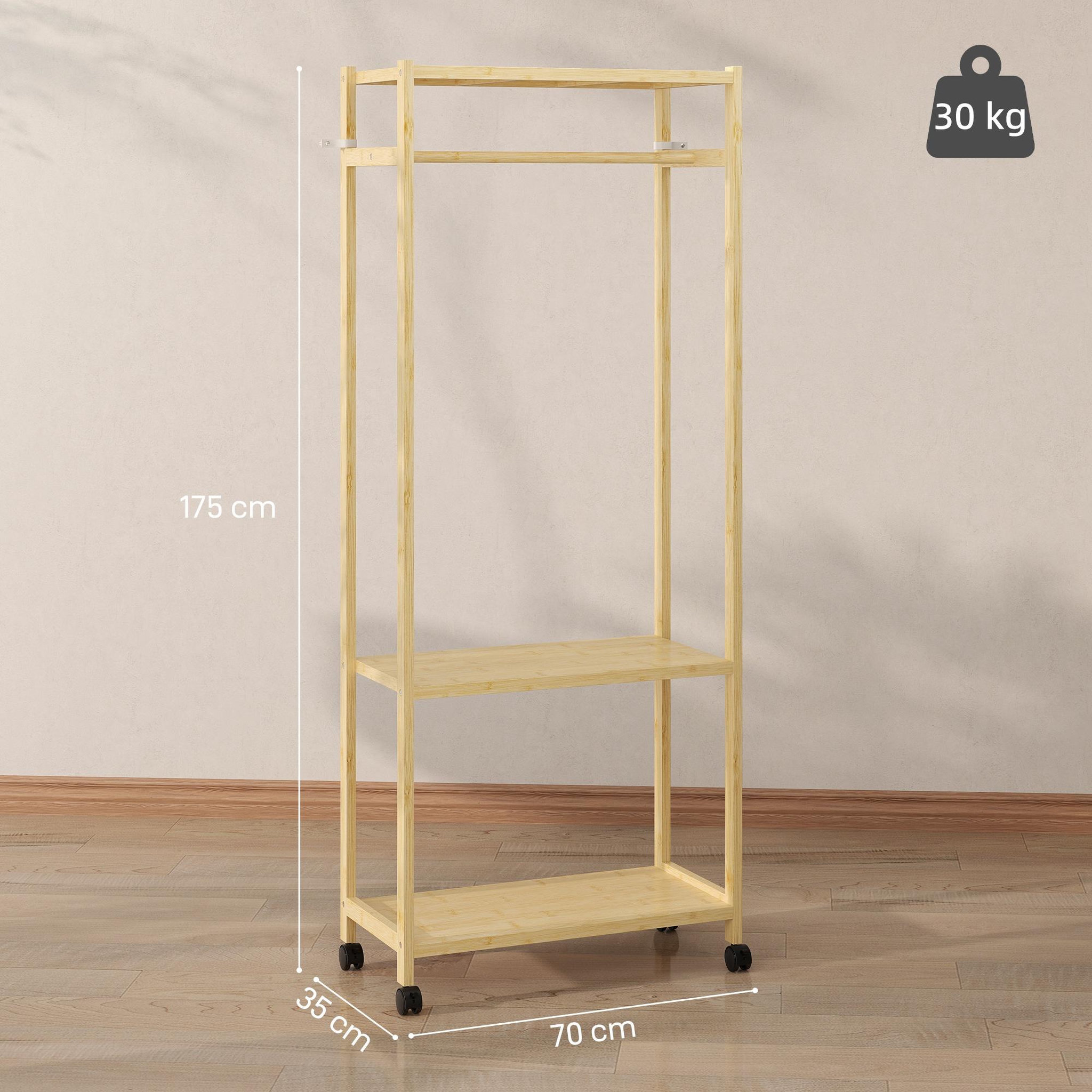 Voir la diapositive 3 : HOMCOM Portant à vêtements mobile bois bambou penderie 2 étagères