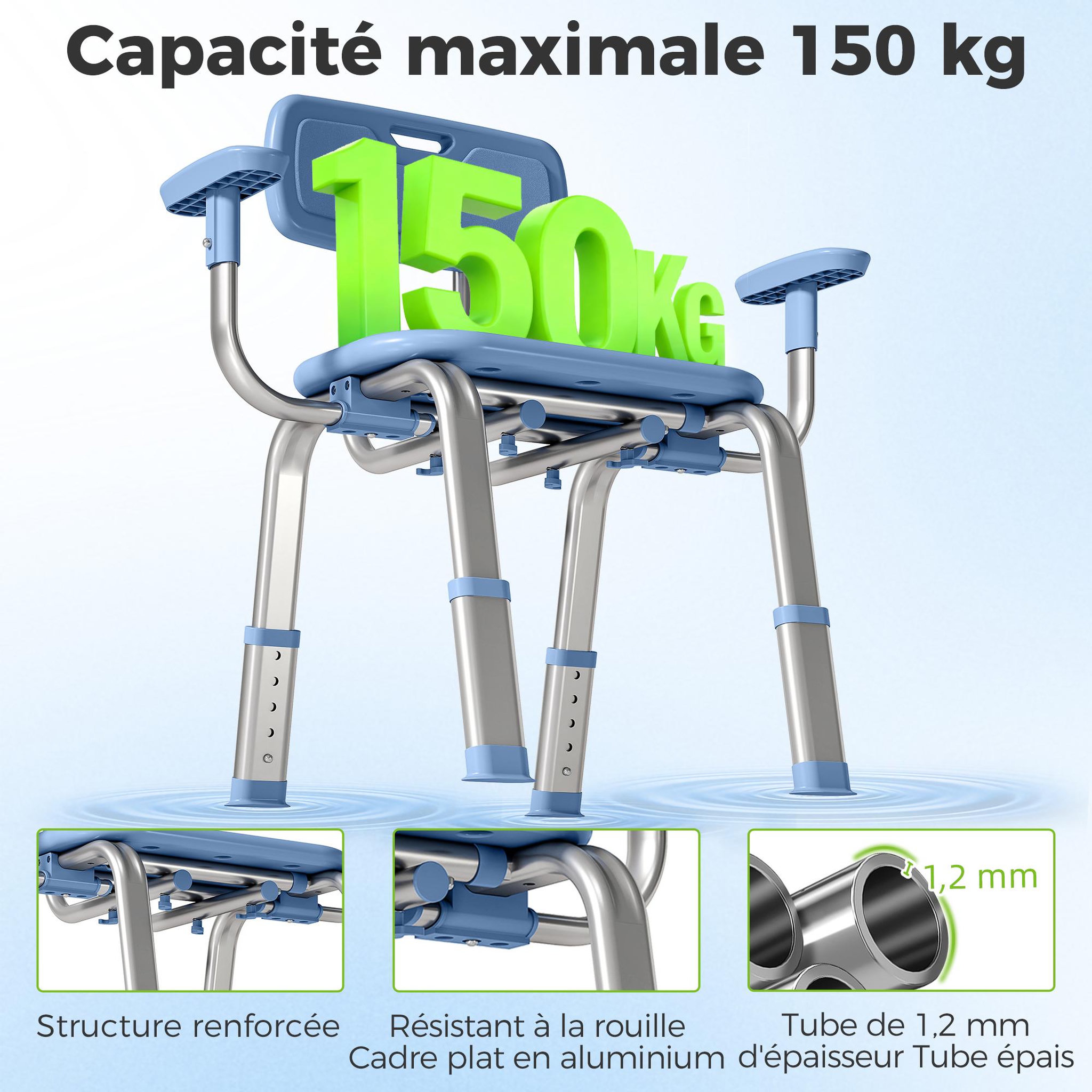 Voir la diapositive 6 : HOMCOM Chaise de douche réglable avec accoudoirs dossier alu hdpe bleu