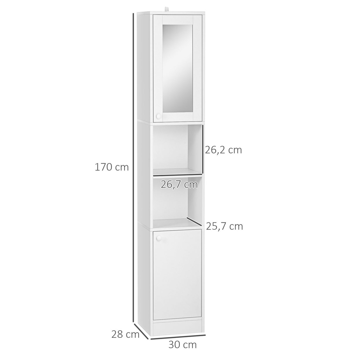 KLEANKIN Meuble colonne de salle de bain 2 portes avec étagères réglables 2 niches miroir panneaux particules blanc