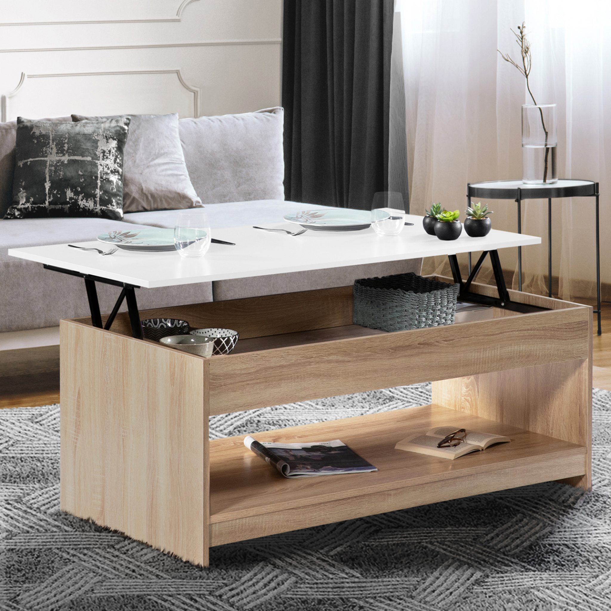 Voir la diapositive 2 : ID MARKET Table basse plateau relevable rectangulaire soa bois imitation hêtre plateau blanc
