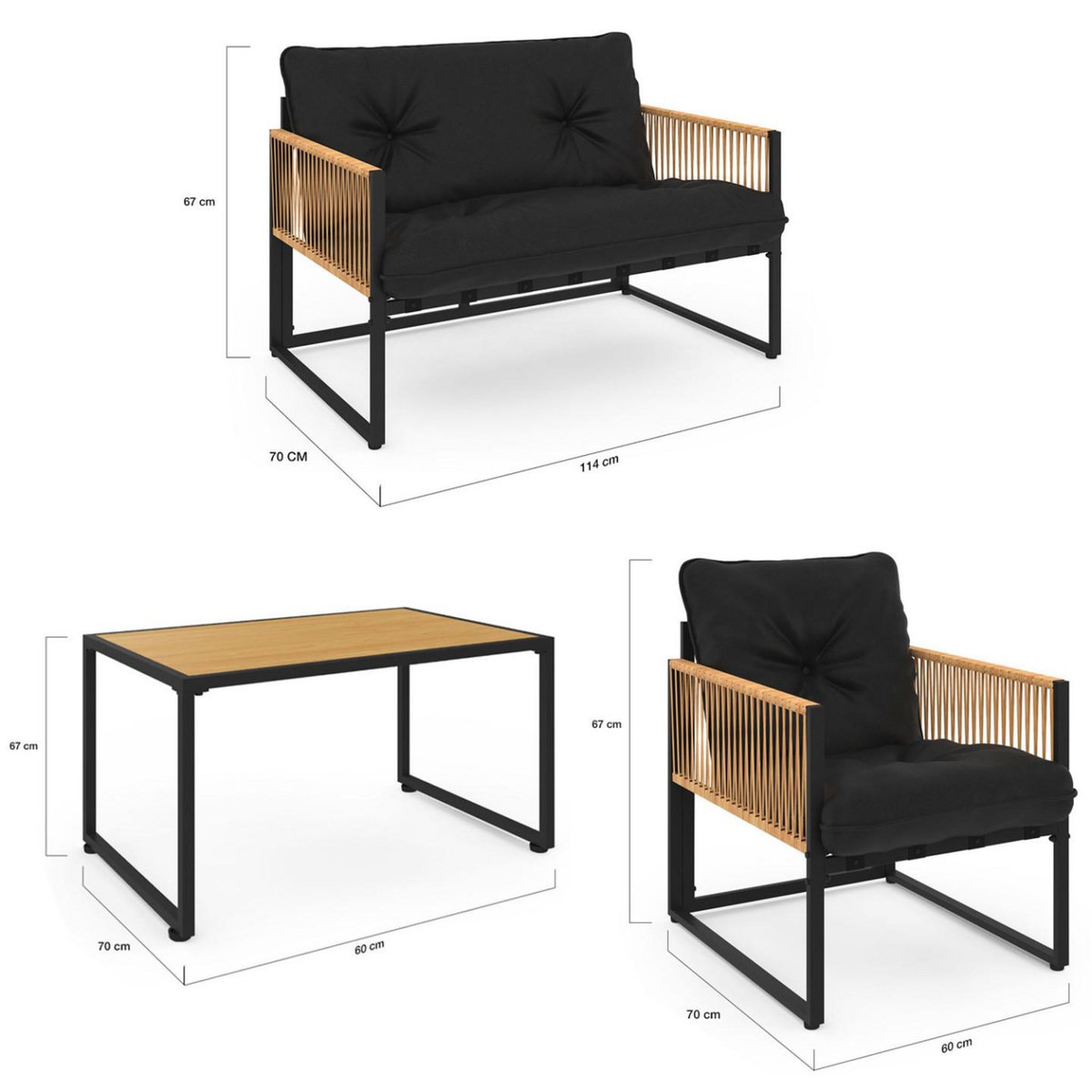 ID MARKET Salon de jardin bas RIO 4 places structure métal noir, cordage effet rotin clair et coussins noir