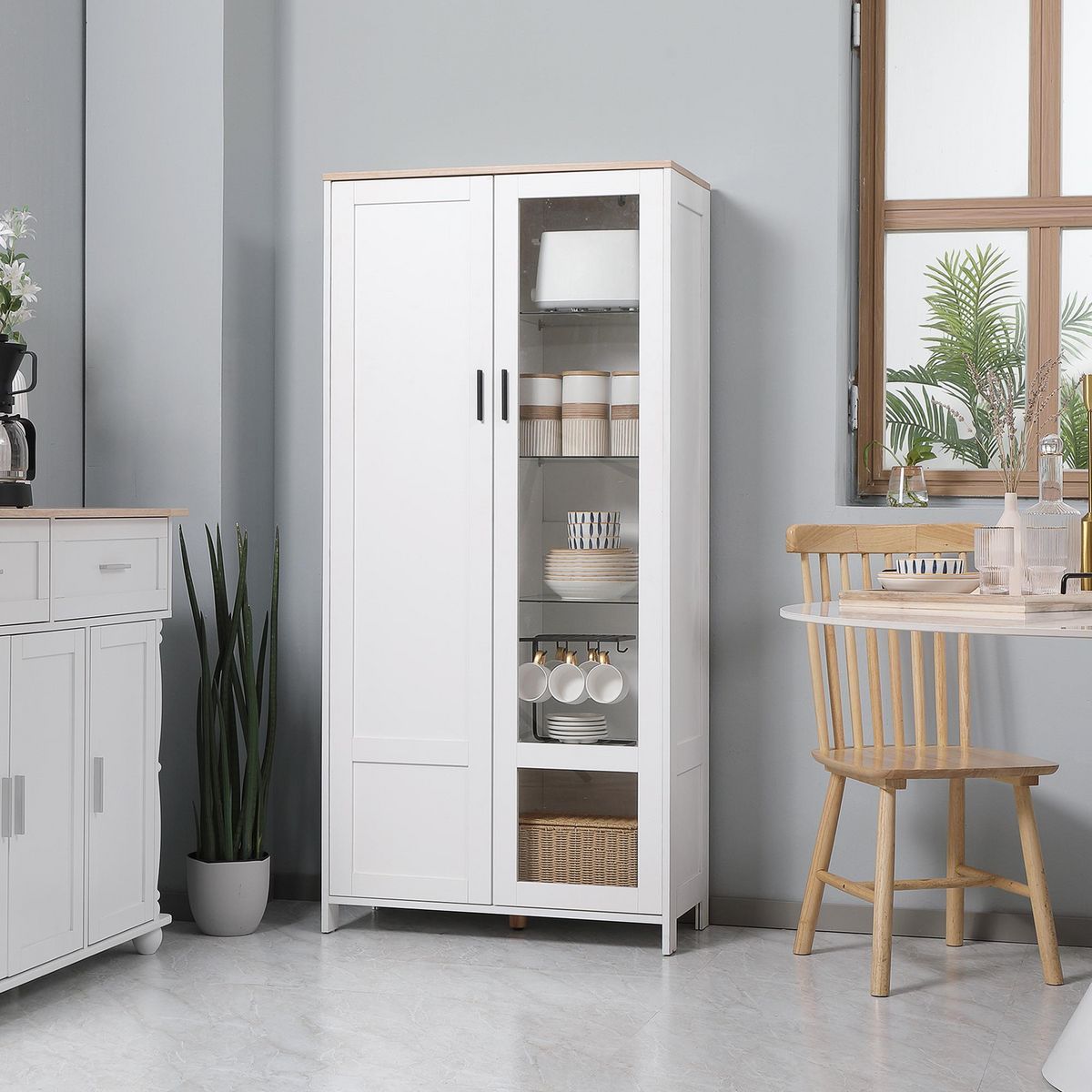 HOMCOM Armoire de rangement - 2 portes - 7 étagères - dim. 76L x 36l x 160H cm - panneaux blanc aspect chêne clair verre