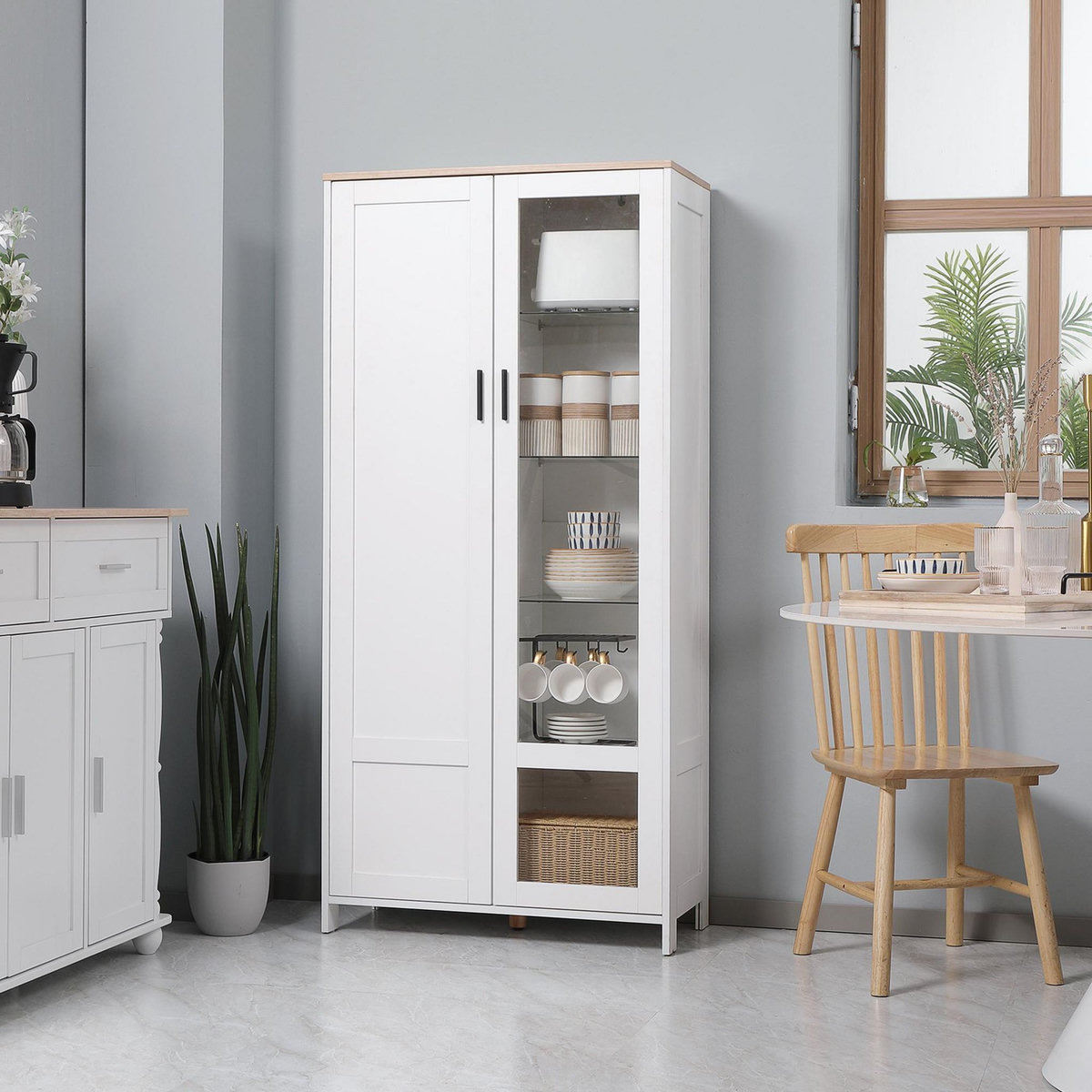 HOMCOM Armoire de rangement - 2 portes - 7 étagères - dim. 76L x 36l x 160H cm - panneaux blanc aspect chêne clair verre
