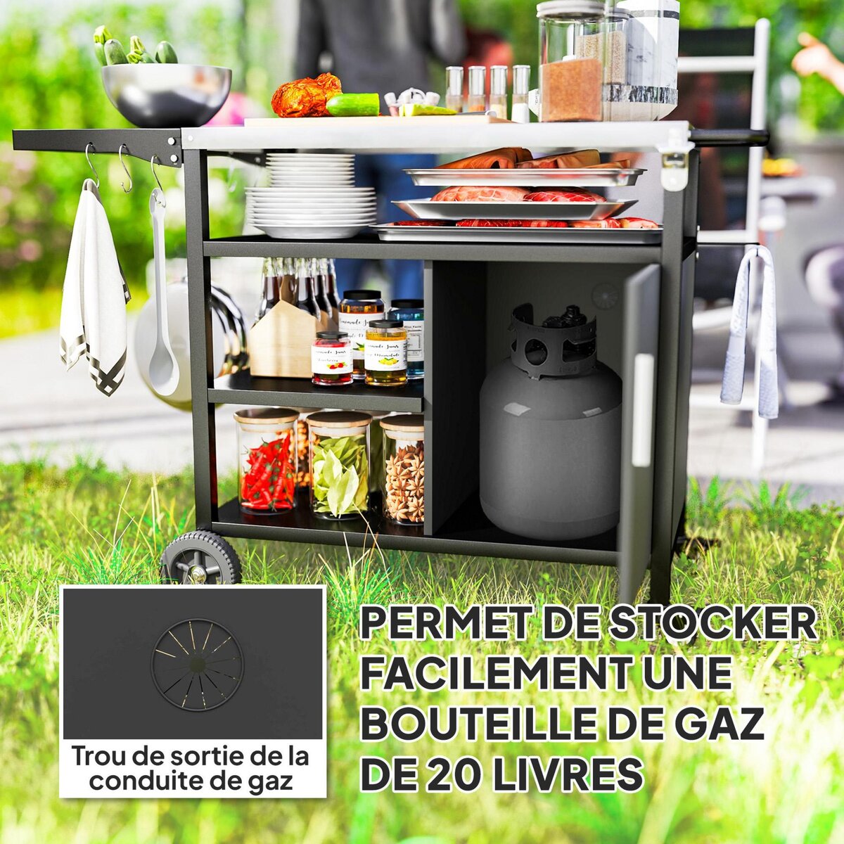 OUTSUNNY Desserte extérieure - desserte de jardin - 3 étagères, tablette rabattable, porte, plateau acier inox. housse