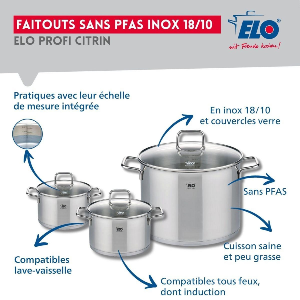 666 Barcelona Ensemble de 1 Poêle de cuisson 28 cm et 3 faitouts 14, 16 et 26 cm Elo Profi Citrin