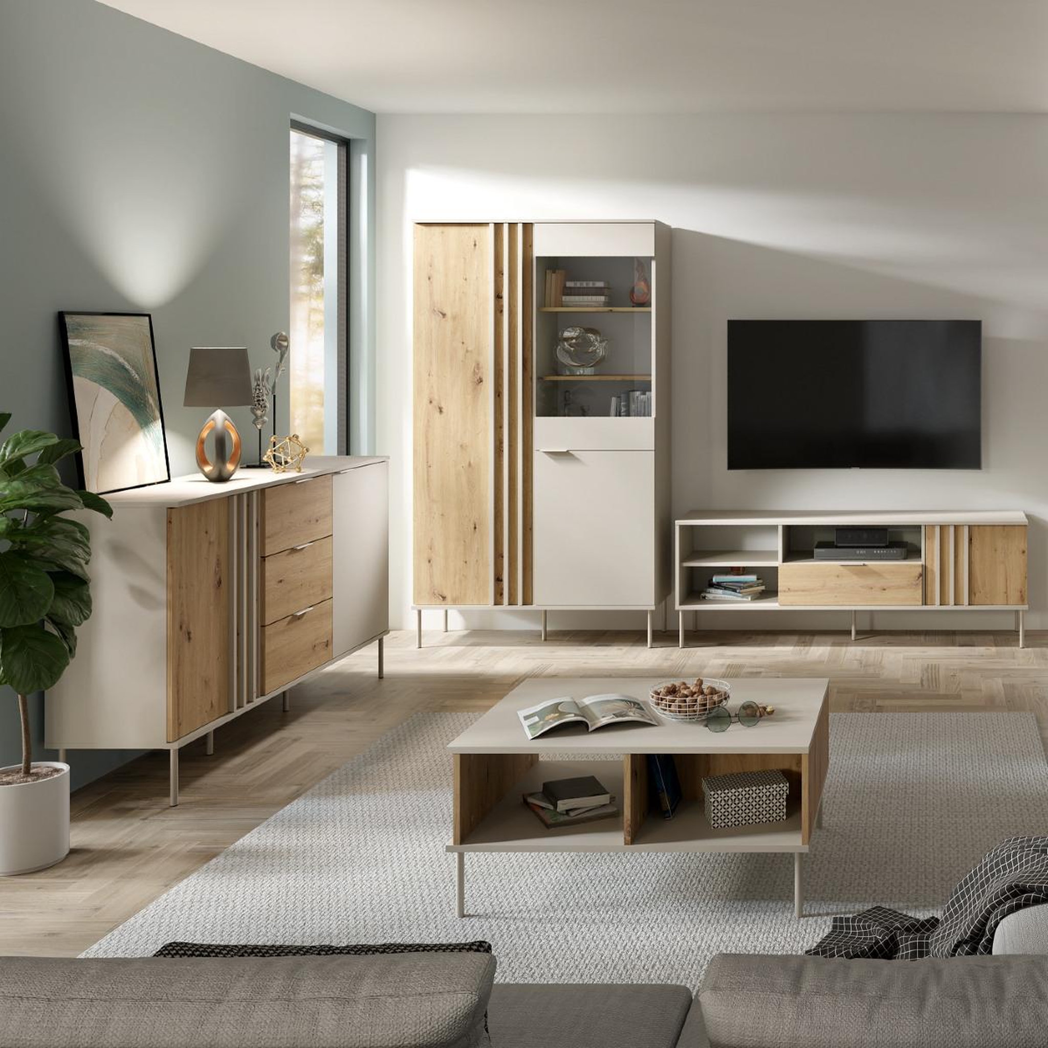 Voir la diapositive 4 : JLC KREATION Meuble tv moderne beige et bois 160cm irina