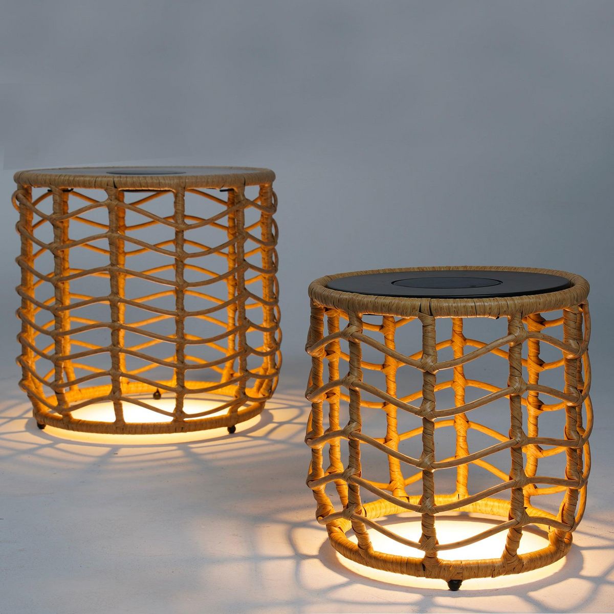 Lumisky Lot de 2 tables basses solaire NERITA Bois Poly rotin 35 cm et 45 cm