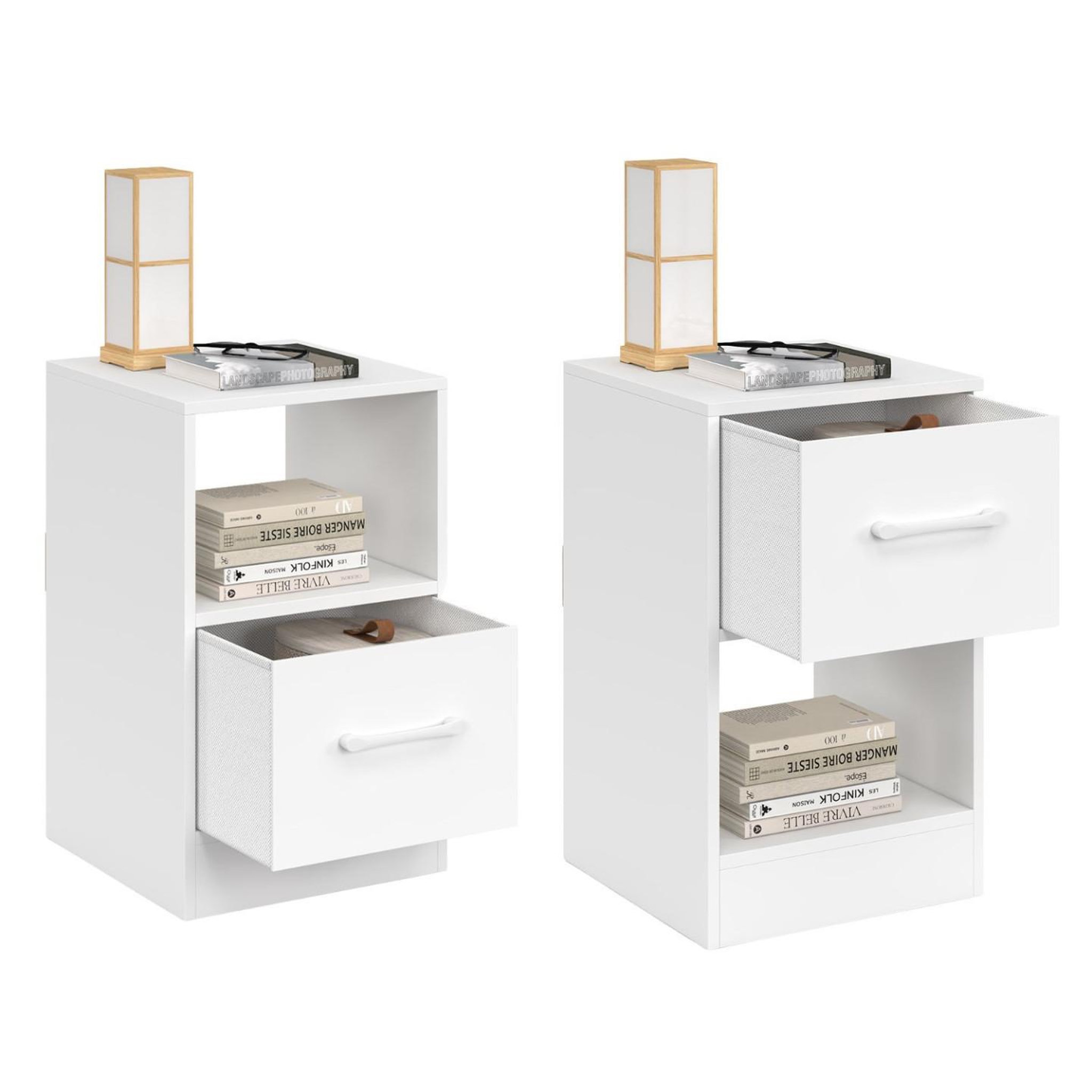 Voir la diapositive 1 : ID MARKET Lot de 2 tables de chevet UPPAH 1 tiroir en tissu avec niche bois blanc