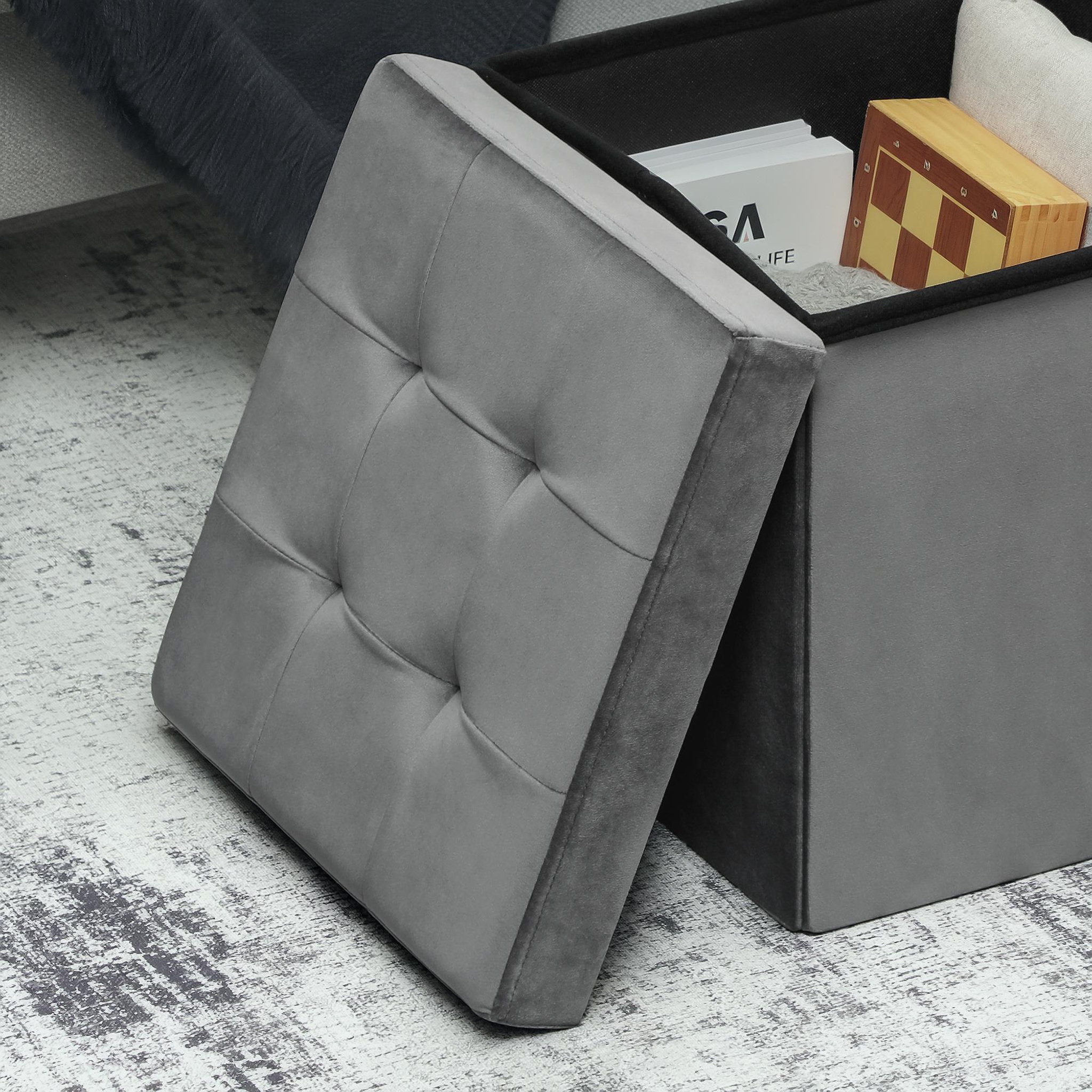 Voir la diapositive 5 : HOMCOM Pouf coffre velours effet capitonné pliable - pouf de rangement - dim. 38x38x38cm - gris