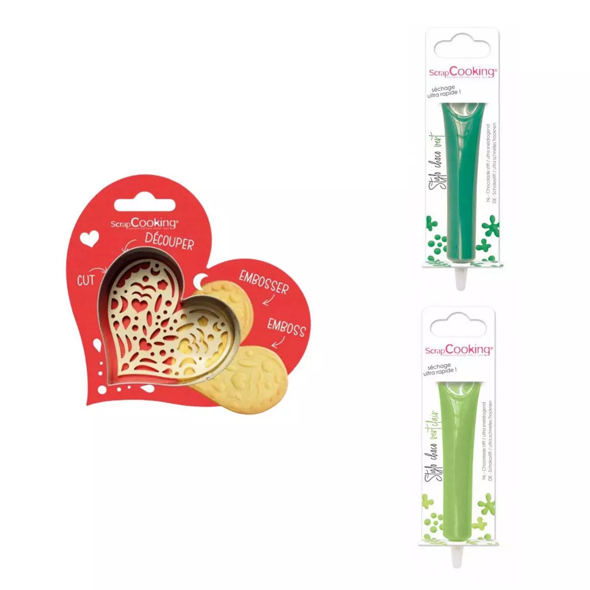 SCRAPCOOKING Kit pour biscuit en relief Coeur + 2 Stylos au chocolat vert et vert clair