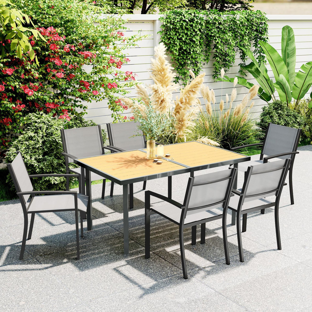 OUTSUNNY Table de jardin 6 personnes rectangulaire dim. 150 x 90 x 72 cm métal gris plateau effet bois naturel