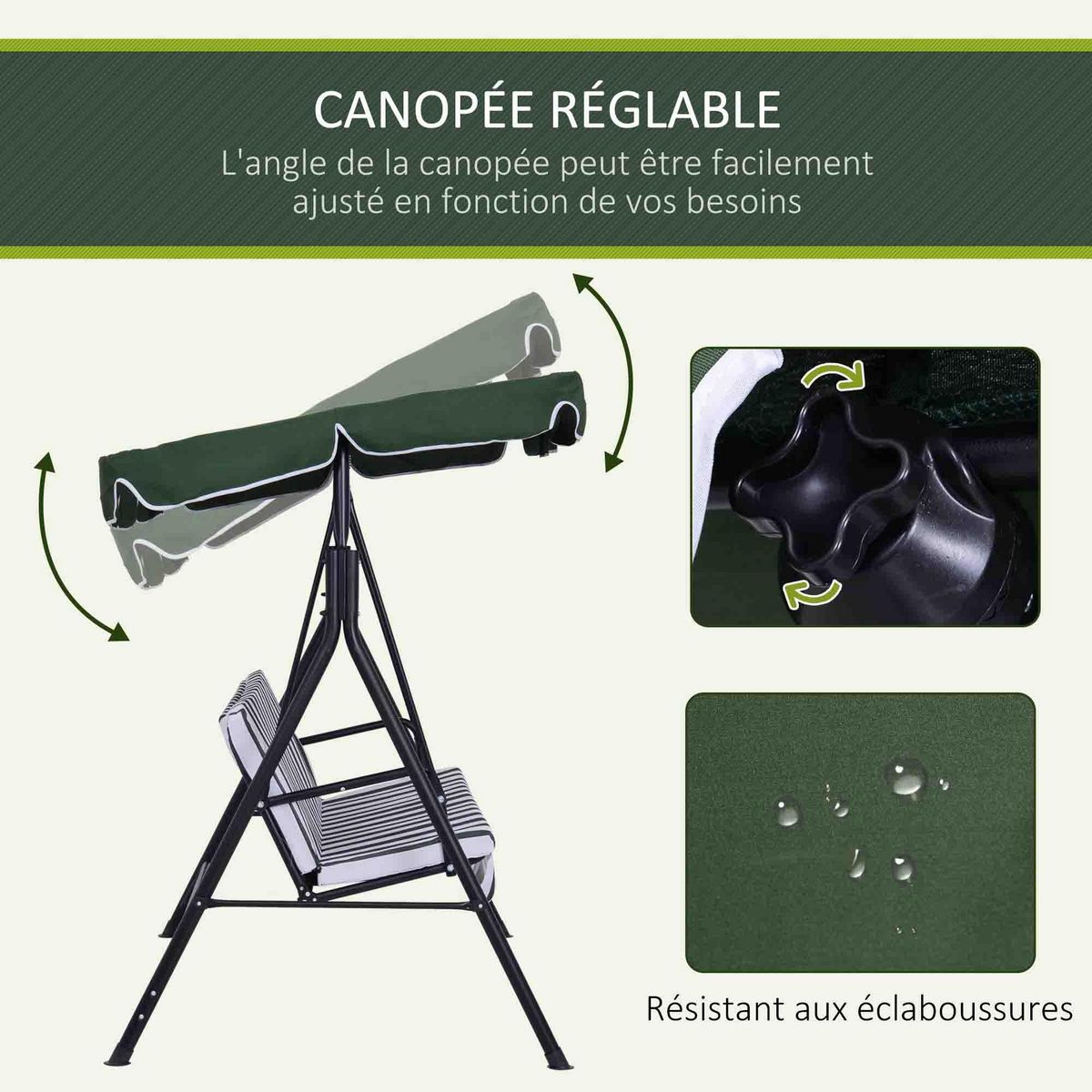 OUTSUNNY Balancelle de jardin 3 places toit réglable coussins assise dossier acier polyester vert blanc rayé