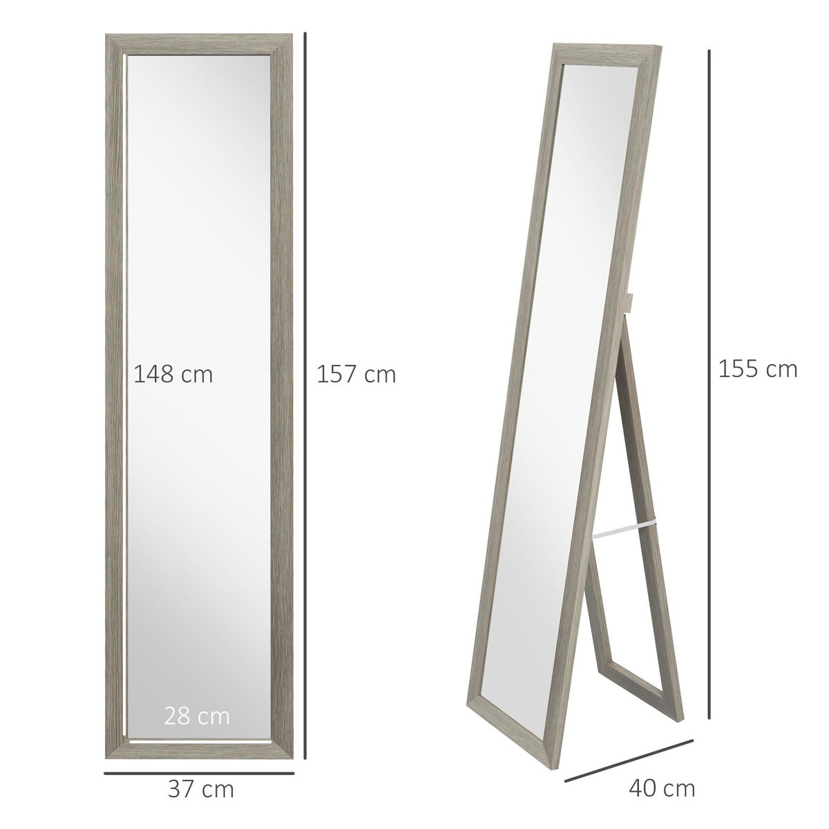 HOMCOM Miroir sur pied et mural rectangulaire dim. 37L x 40l x 157H cm aspect bois gris