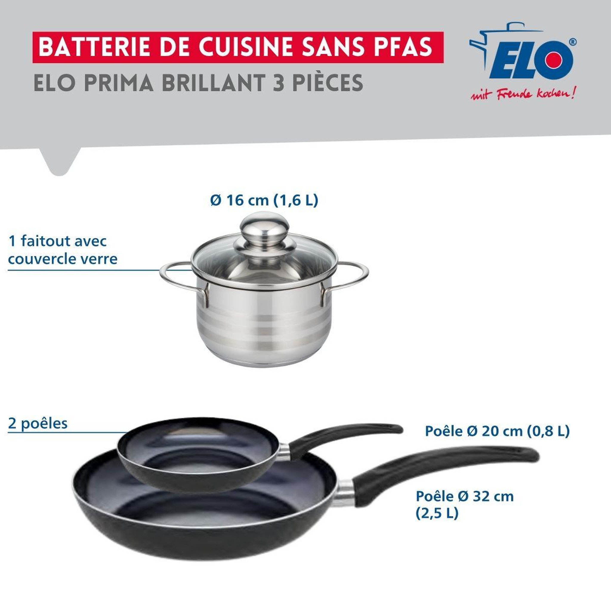 Voir la diapositive 2 : ELO Ensemble de 2 poêles de cuisson 20 et 32 cm et 1 faitout 16 cm elo prima brillant