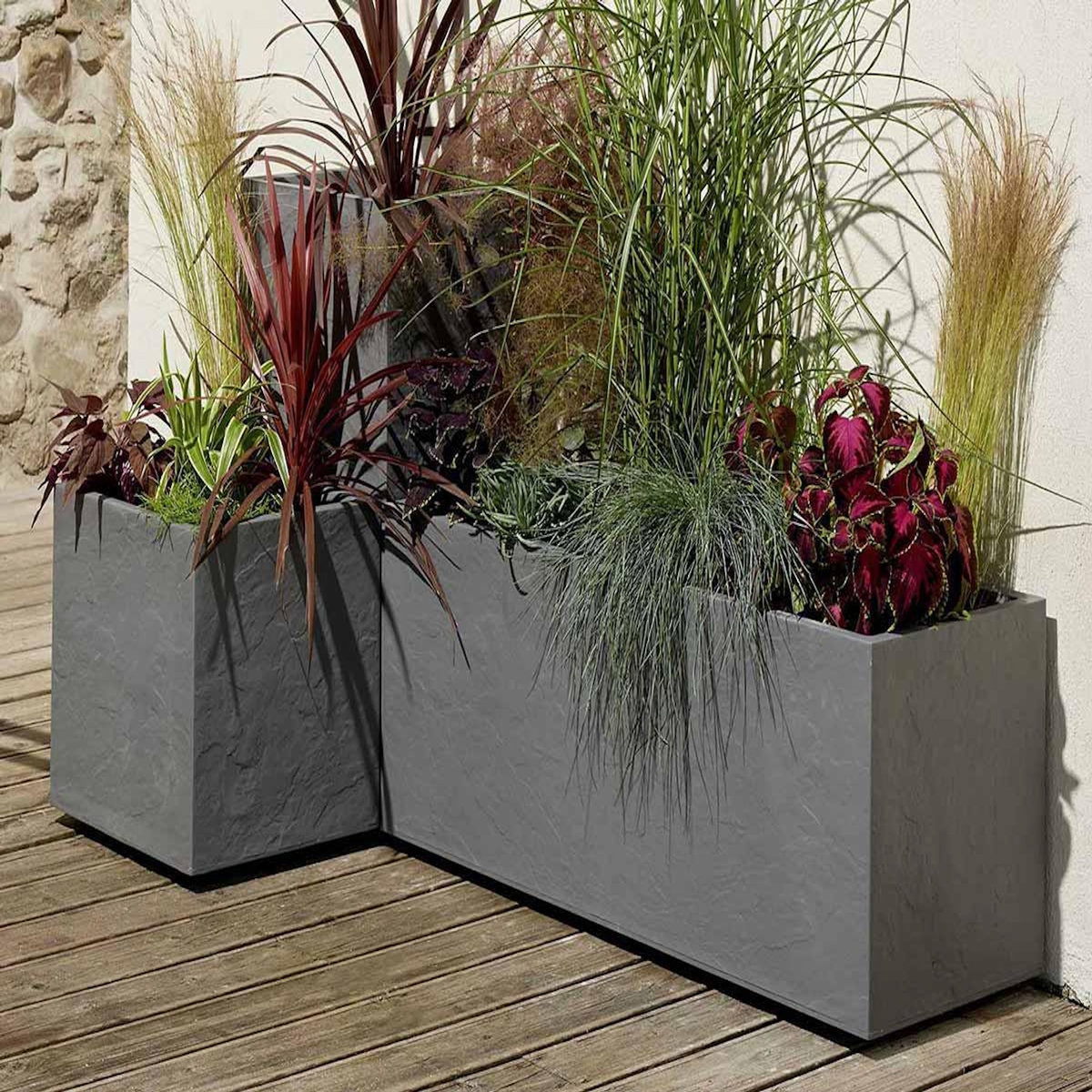 Eda Jardinière rectangulaire Volcania effet pierre 99,5 x 39,5 x 43,5 cm - Gris anthracite - Eda