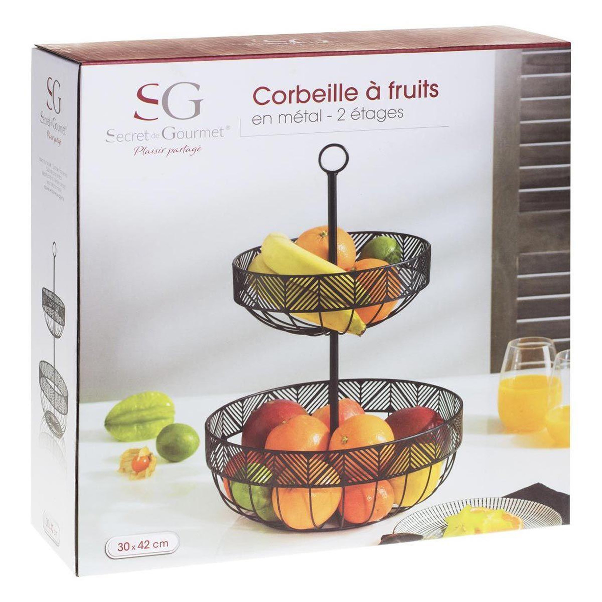 Voir la diapositive 2 : SECRET DE GOURMET Corbeille à fruits 2 étages métal  frise  42cm noir