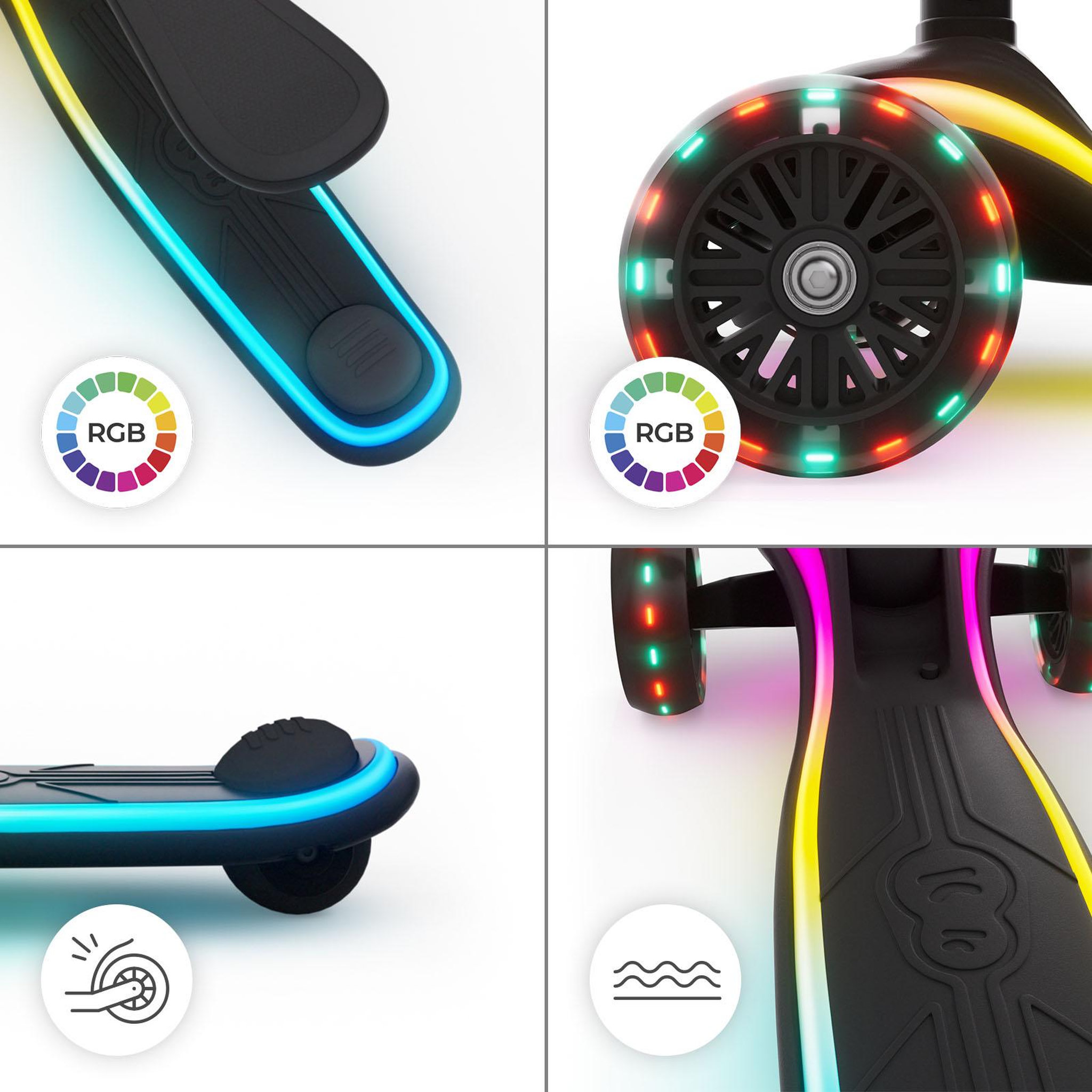 Voir la diapositive 5 : KINDERKRAFT Trottinette Kinderkraft RAKET UP 2-en-1 avec siège réglable, roues RGB LED, plateau lumineux, pliable dès bébé, Noir