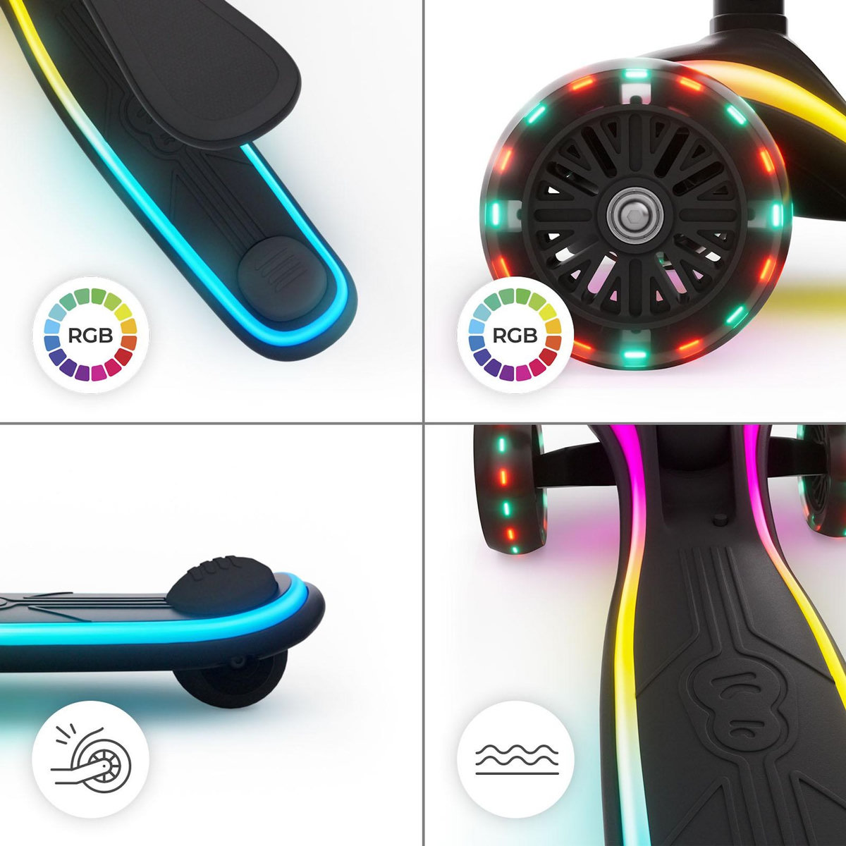 KINDERKRAFT Trottinette Kinderkraft RAKET UP 2-en-1 avec siège réglable, roues RGB LED, plateau lumineux, pliable dès bébé, Noir