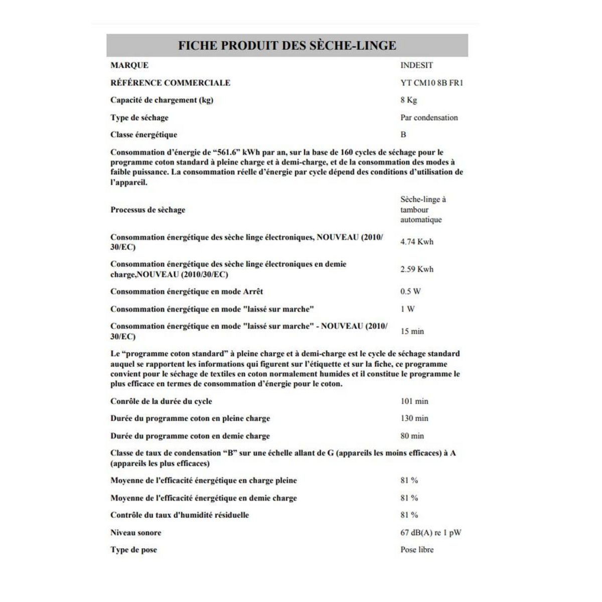 Indesit Sèche-linge à condensation 60cm 8kg blanc - ytcm108bfr1
