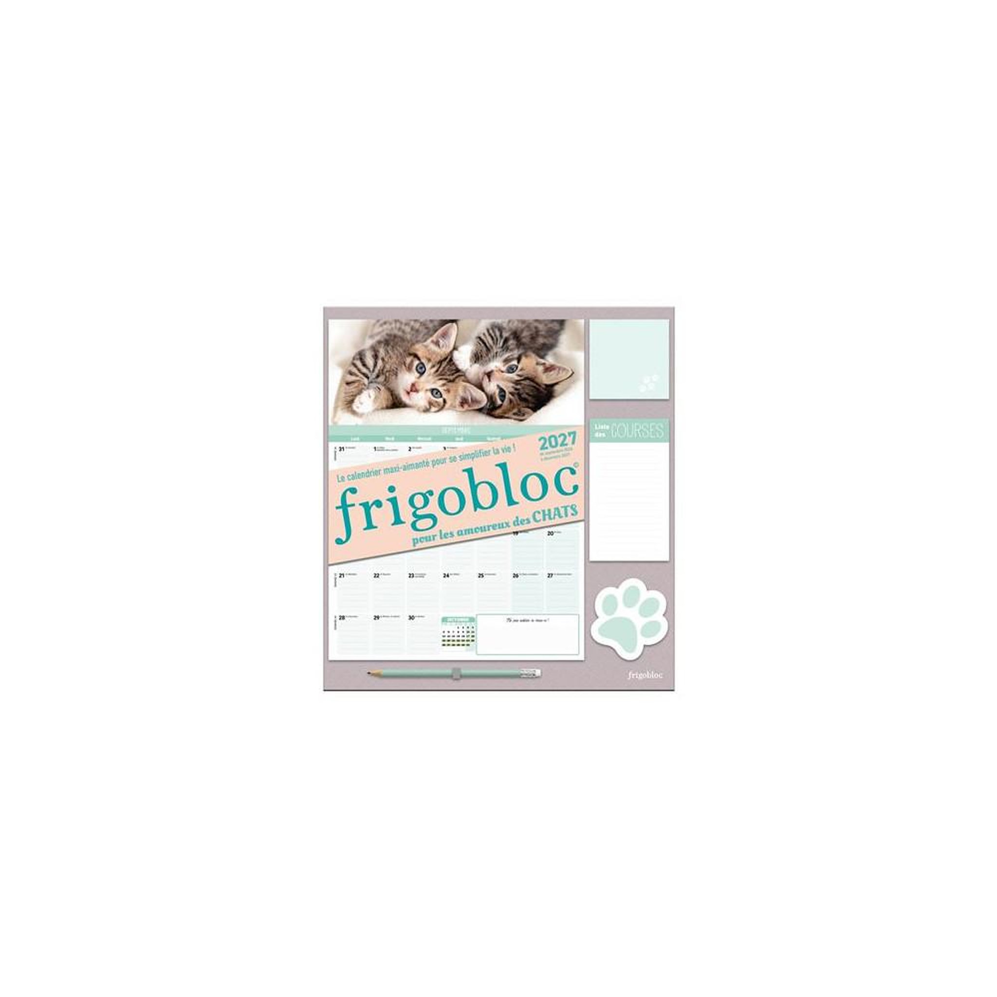 PlayBac Calendrier frigobloc mensuel 2027 chats avec aimant maxi intégré, organiseur familial 16 mois (sept. 2026 à déc. 2027)