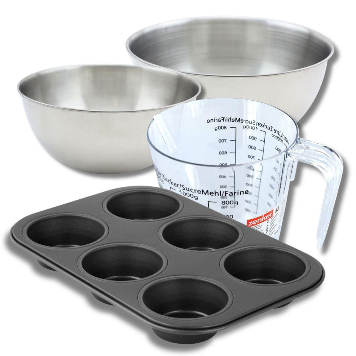 ZENKER Set pâtisserie avec moule à muffins 6 empreintes 28 cm, 2 bols à mixer, verre mesureur et spatule Zenker